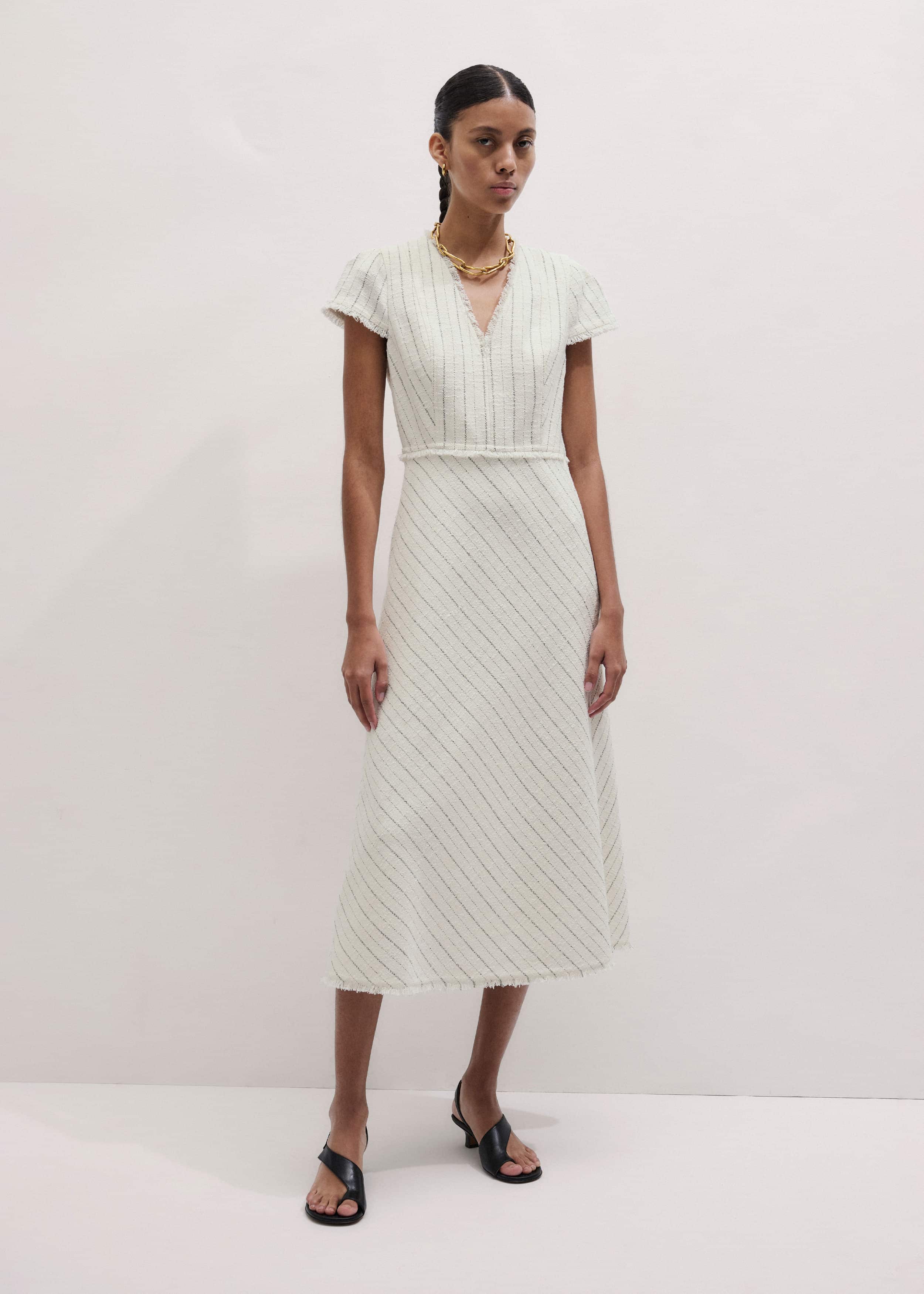 Ivory Striped Fit + Flare Midi Dress meandem