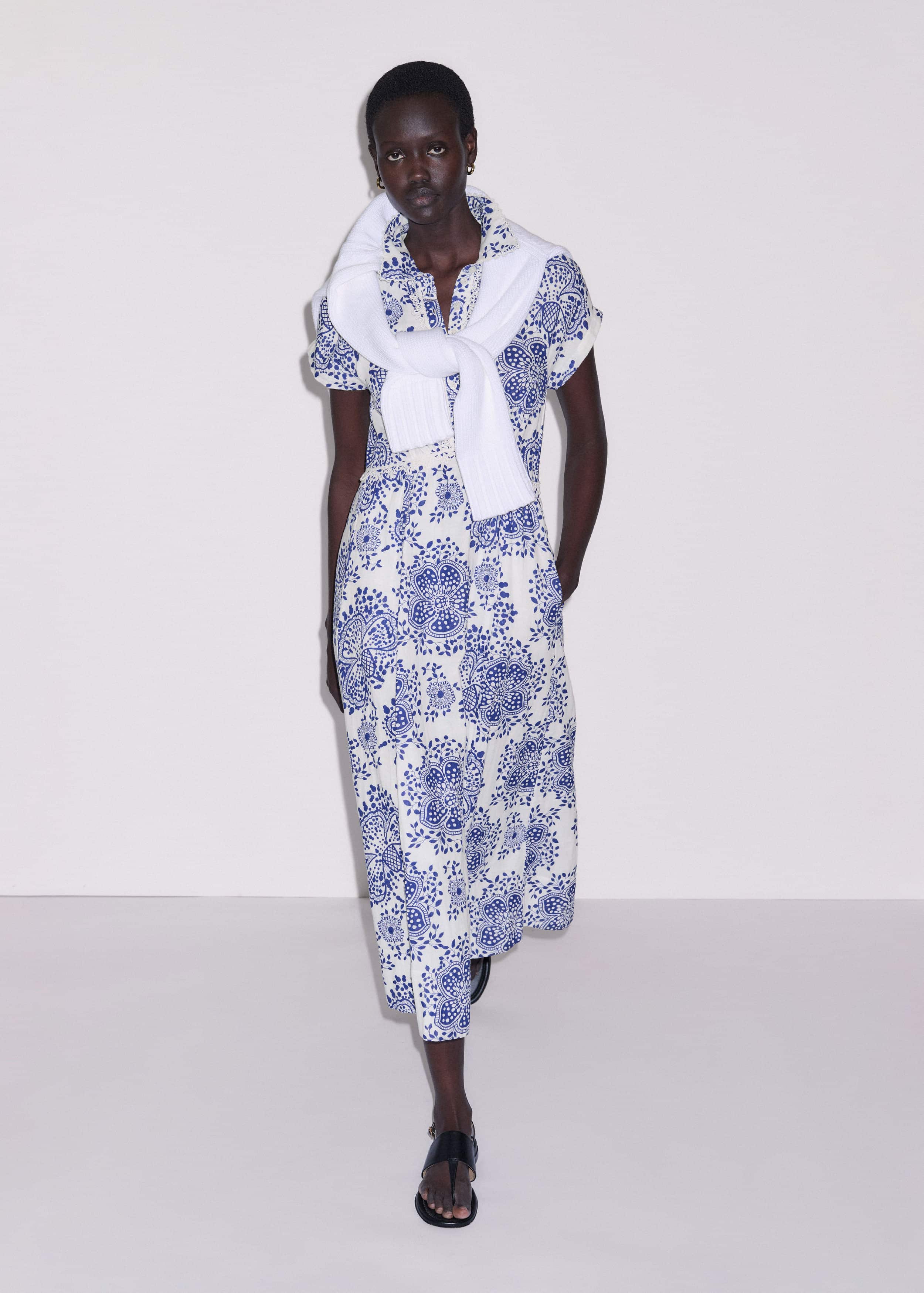 White Cheesecloth Fit + Flare In-Full-Bloom Print Midi Dress meandem