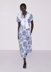 White Cheesecloth Fit + Flare In-Full-Bloom Print Midi Dress meandem