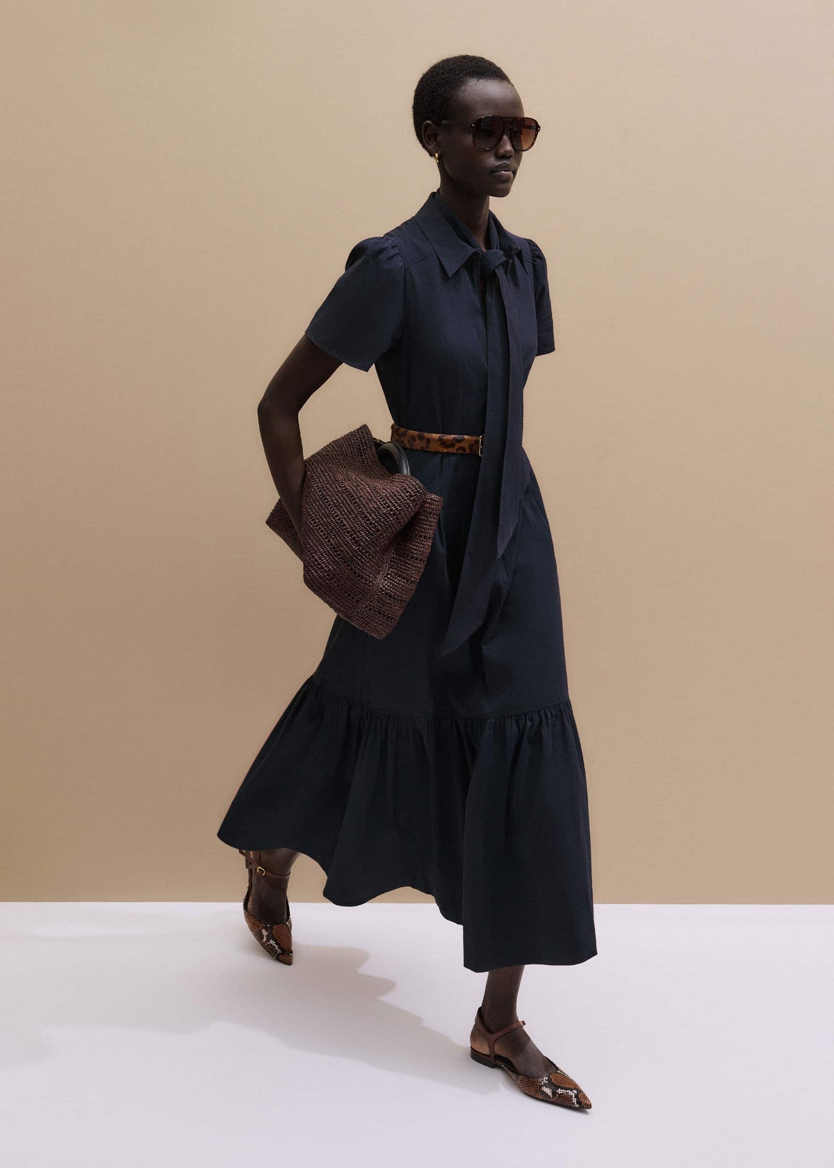 Navy Cotton Seersucker Fit + Flare Midi Dress meandem