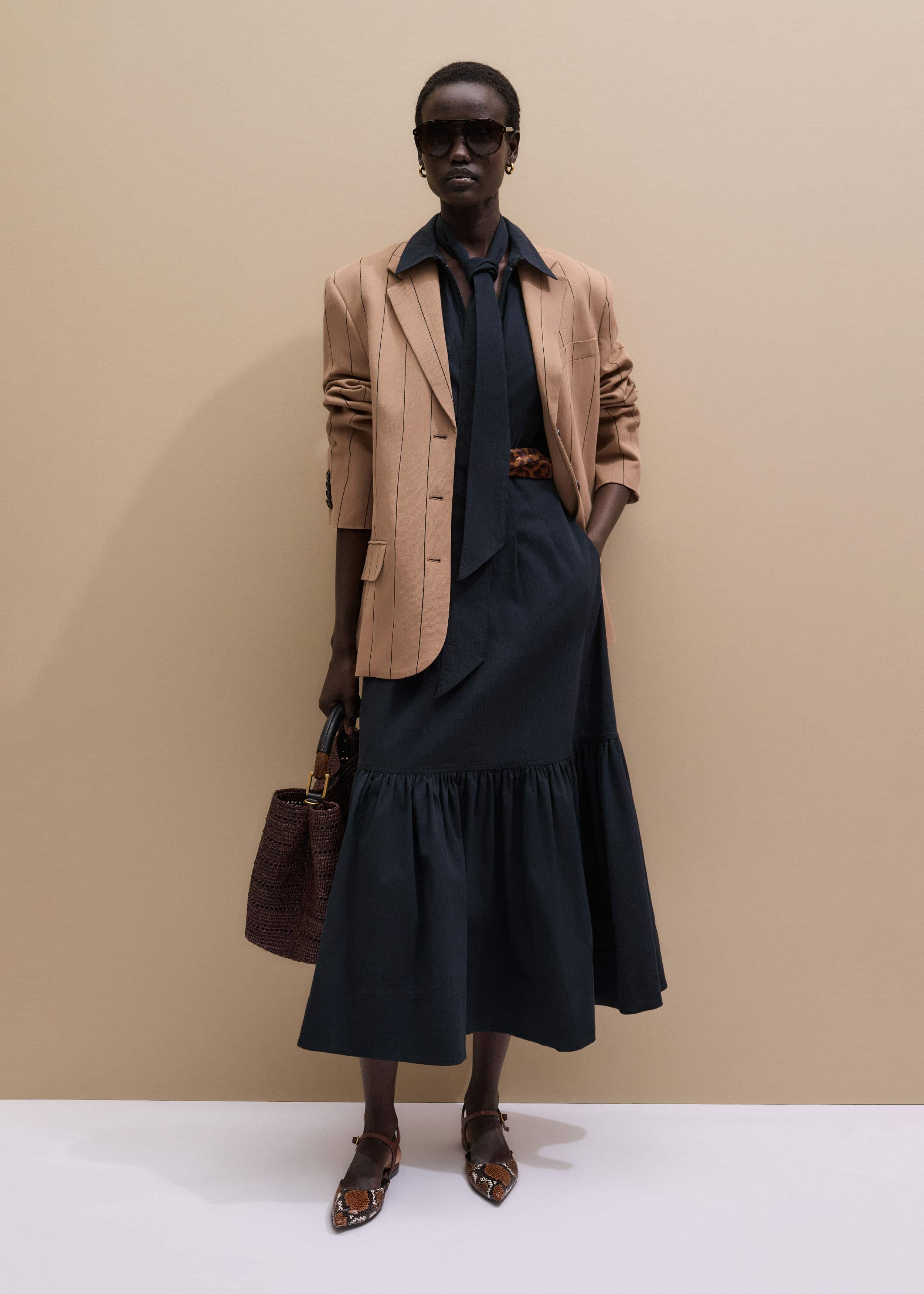 Navy Cotton Seersucker Fit + Flare Midi Dress meandem
