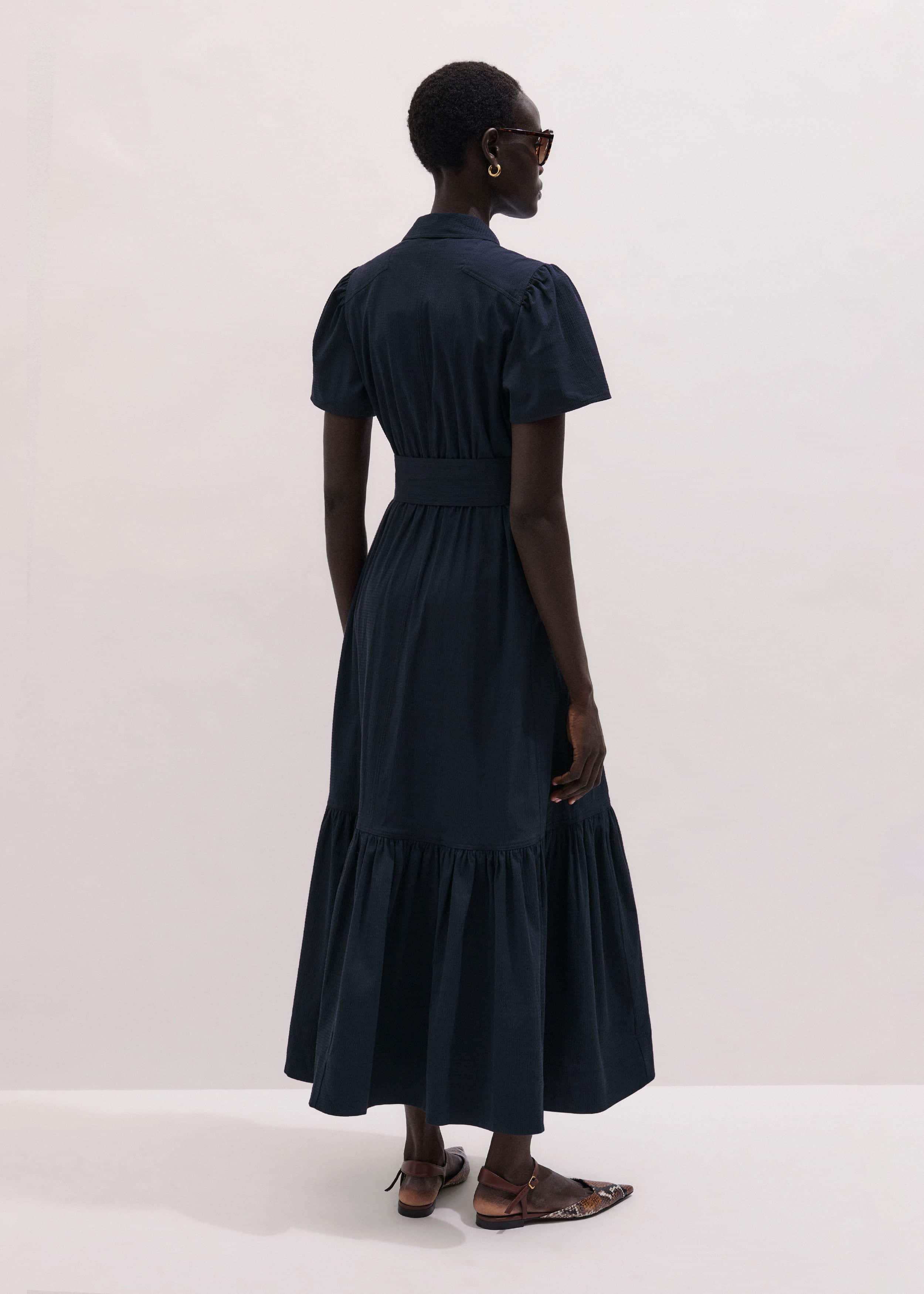 Navy Cotton Seersucker Fit + Flare Midi Dress meandem