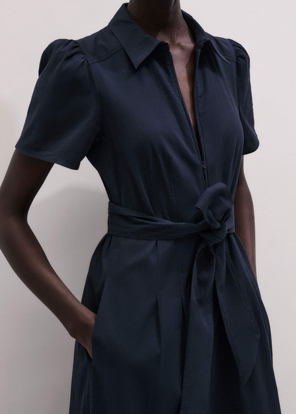 Navy Cotton Seersucker Fit + Flare Midi Dress meandem