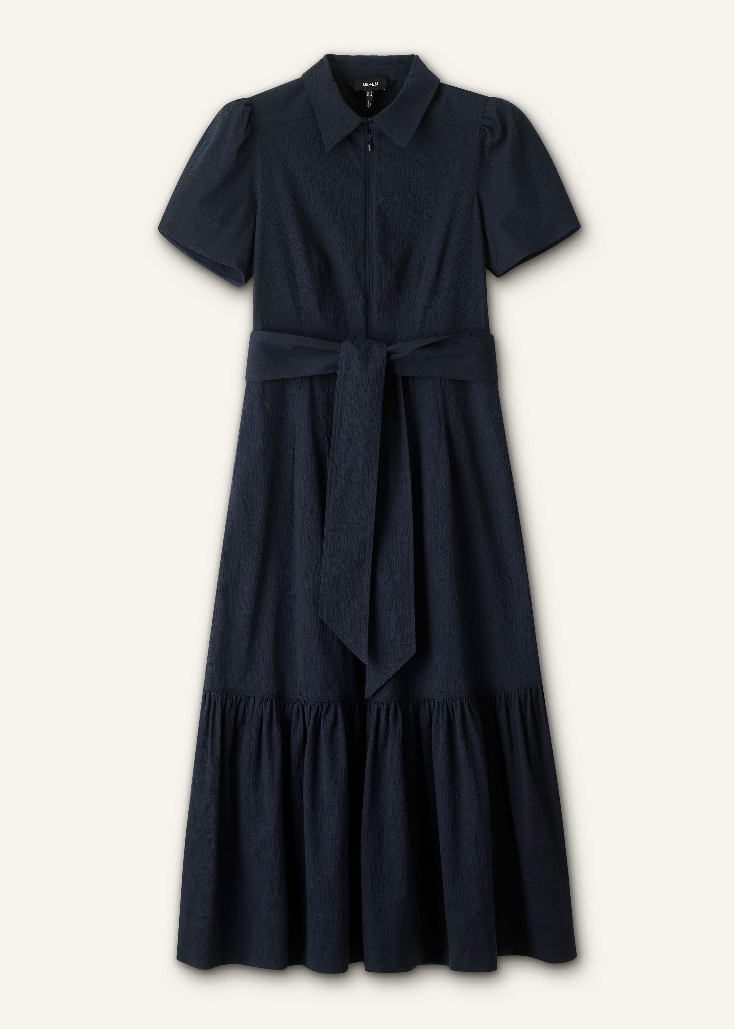 Navy Cotton Seersucker Fit + Flare Midi Dress meandem