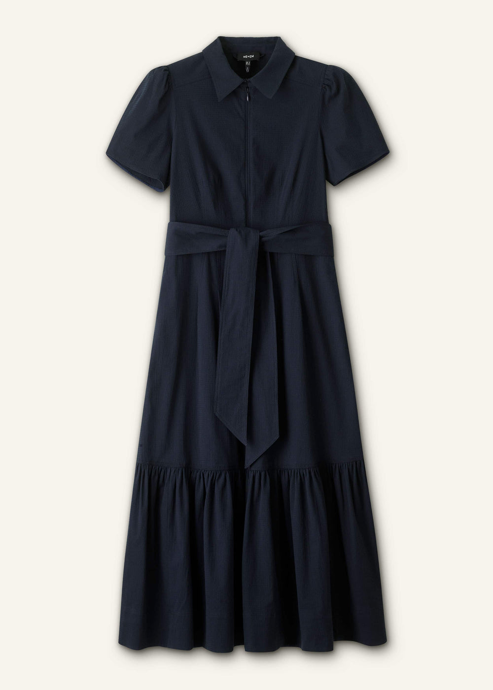 Navy Cotton Seersucker Fit + Flare Midi Dress meandem