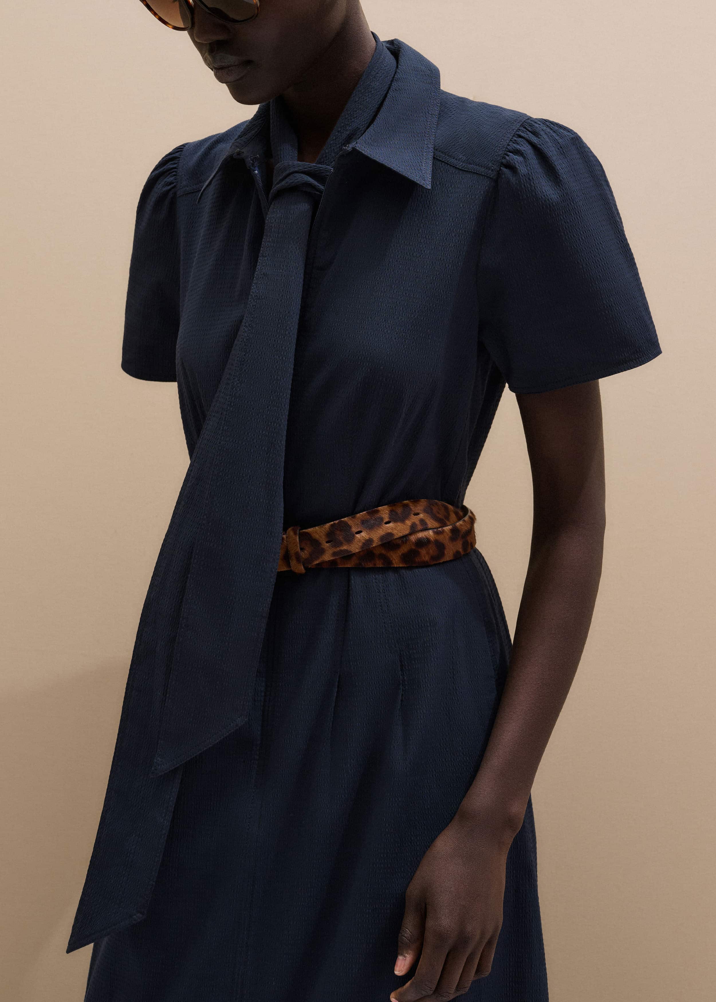 Navy Cotton Seersucker Fit + Flare Midi Dress meandem