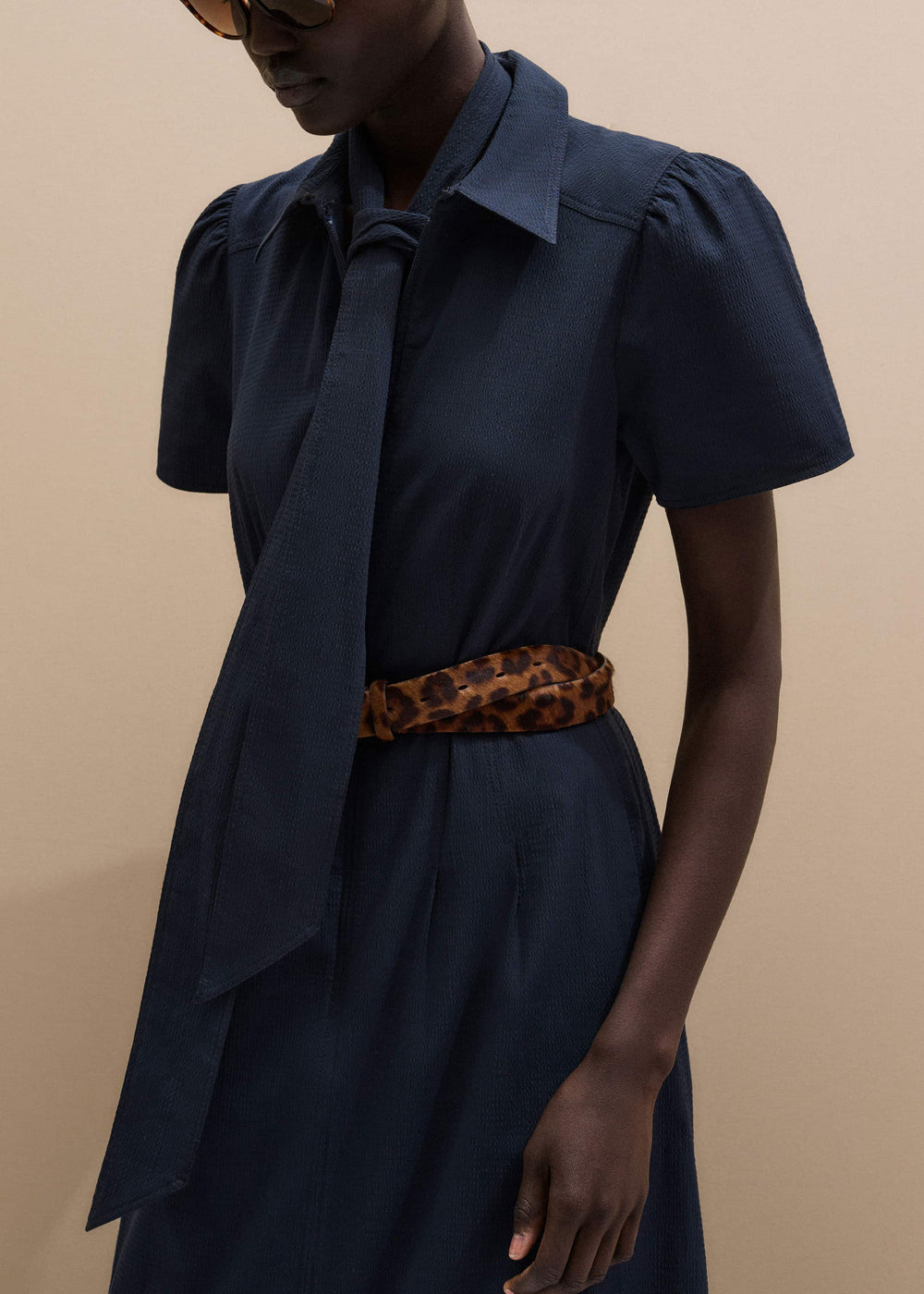 Navy Cotton Seersucker Fit + Flare Midi Dress meandem