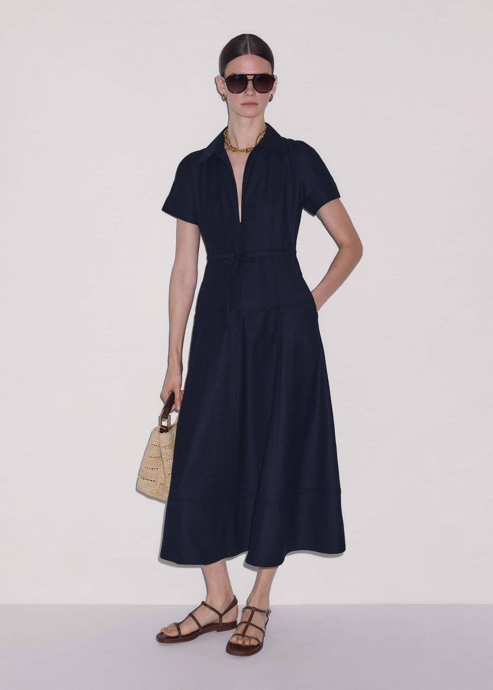 Navy Fit + Flare Shirt Midi Dress meandem