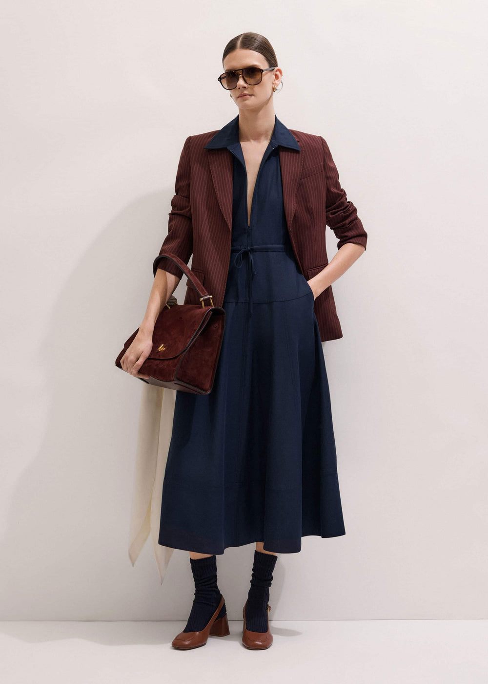Navy Fit + Flare Shirt Midi Dress meandem
