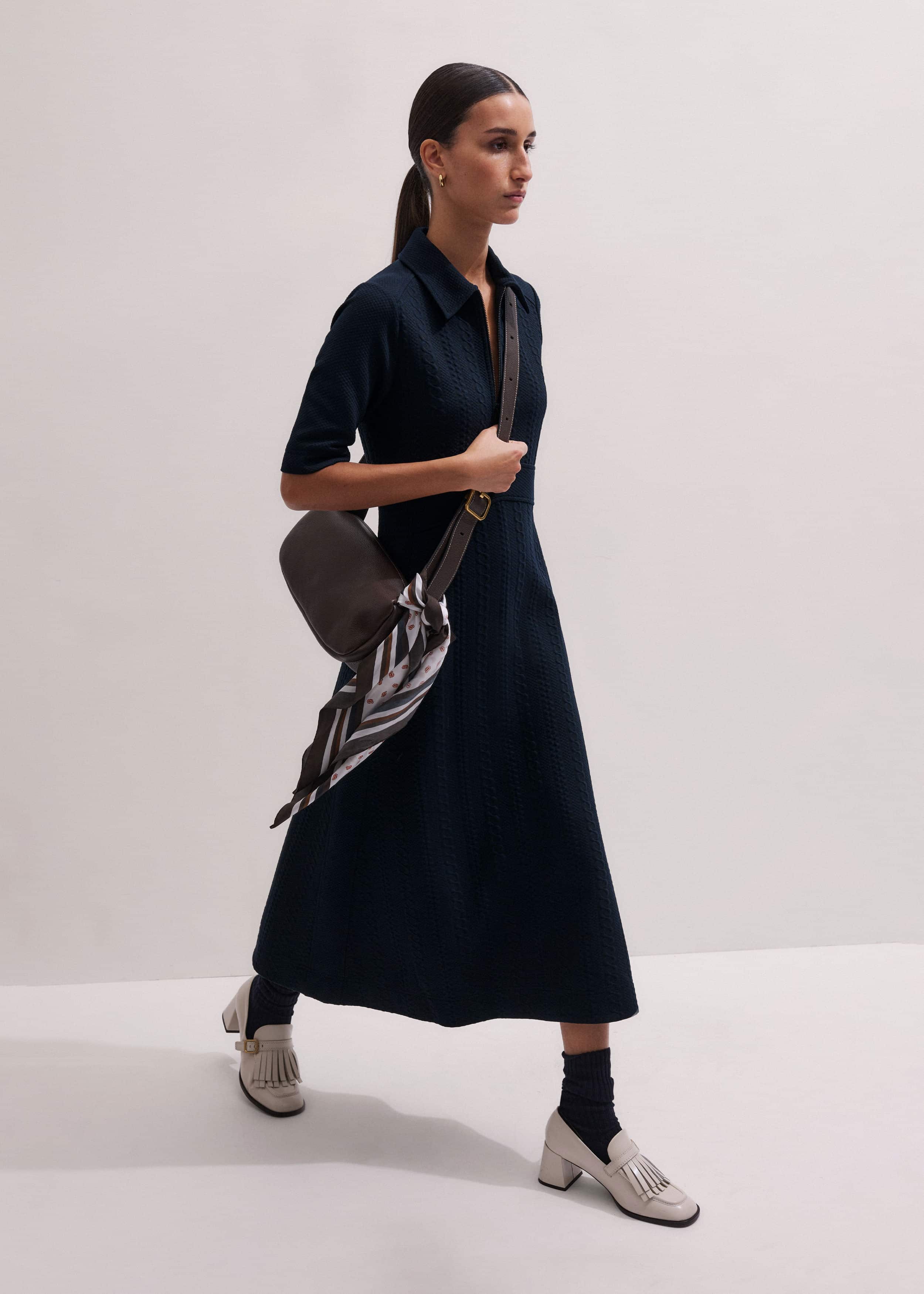 Navy Cable Jacquard Half-Zip Midi Dress meandem