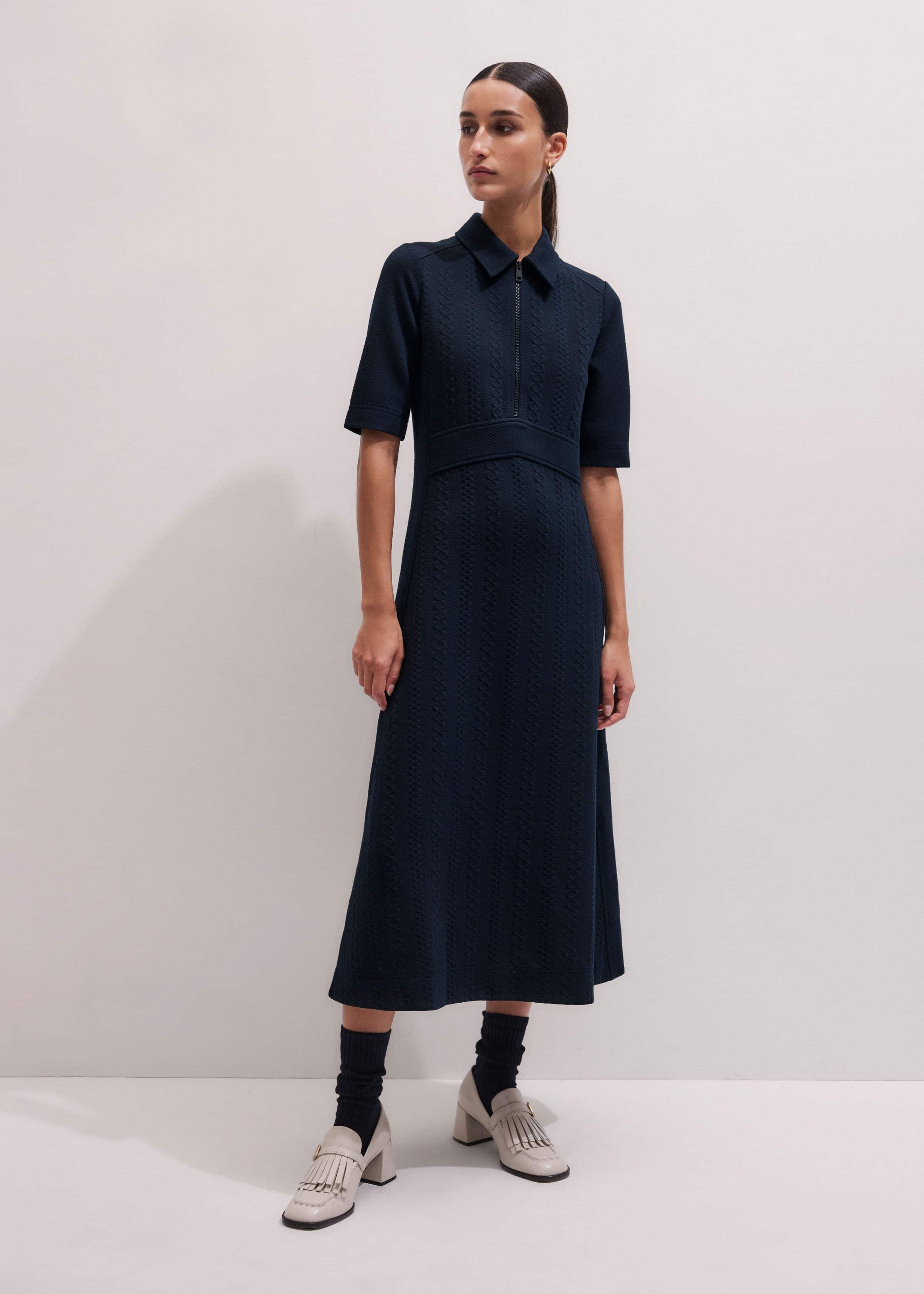 Navy Cable Jacquard Half-Zip Midi Dress meandem