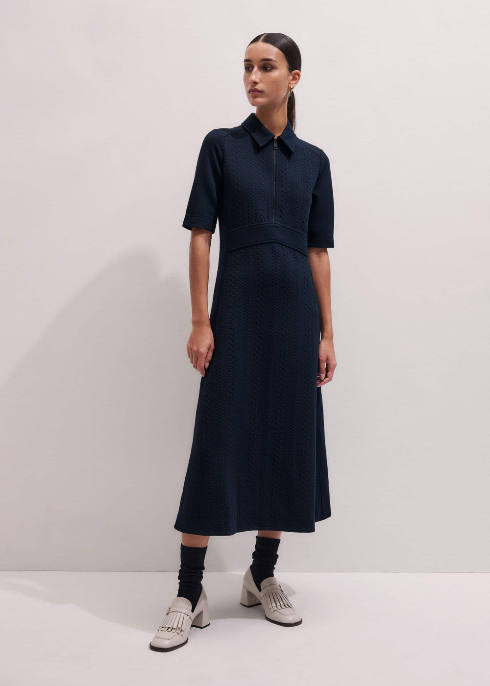 Navy Cable Jacquard Half-Zip Midi Dress meandem