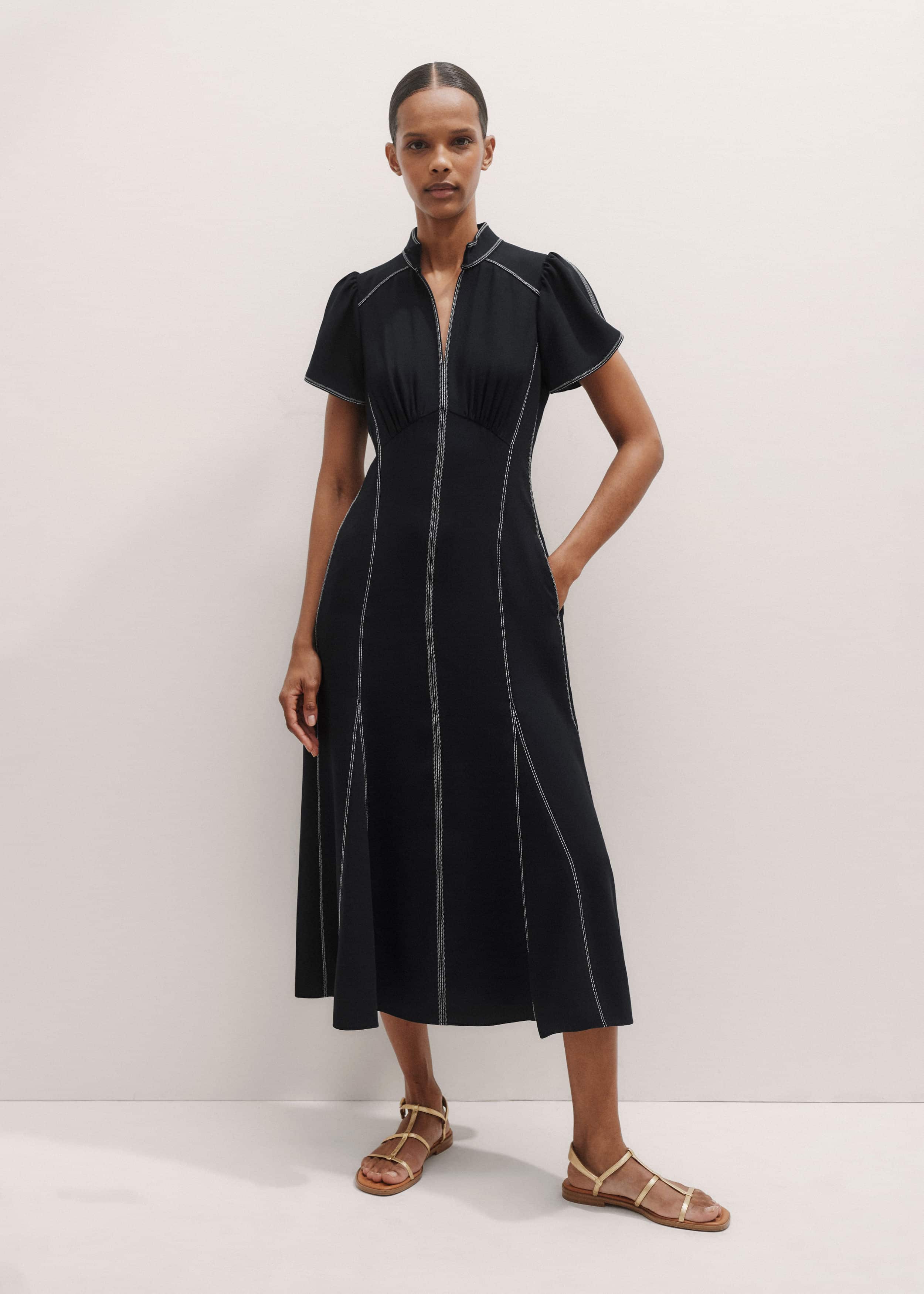 Black Contrast Stitch Midi Dress meandem
