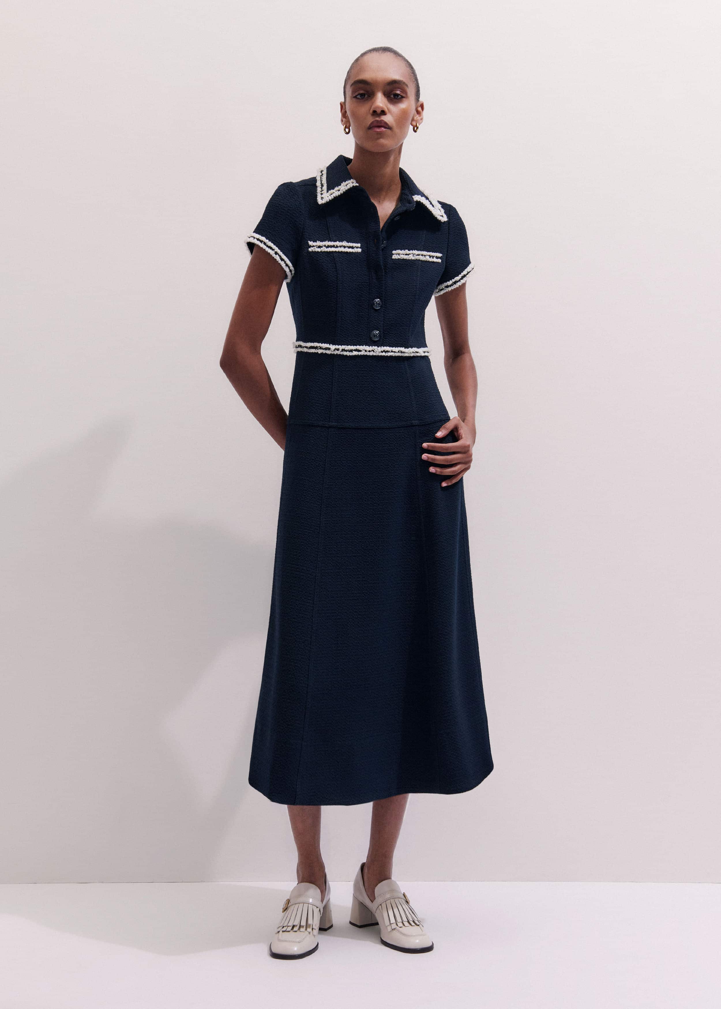 Navy Fit + Flare Fray Trim Midi Dress meandem