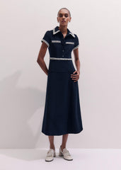 Navy Fit + Flare Fray Trim Midi Dress meandem