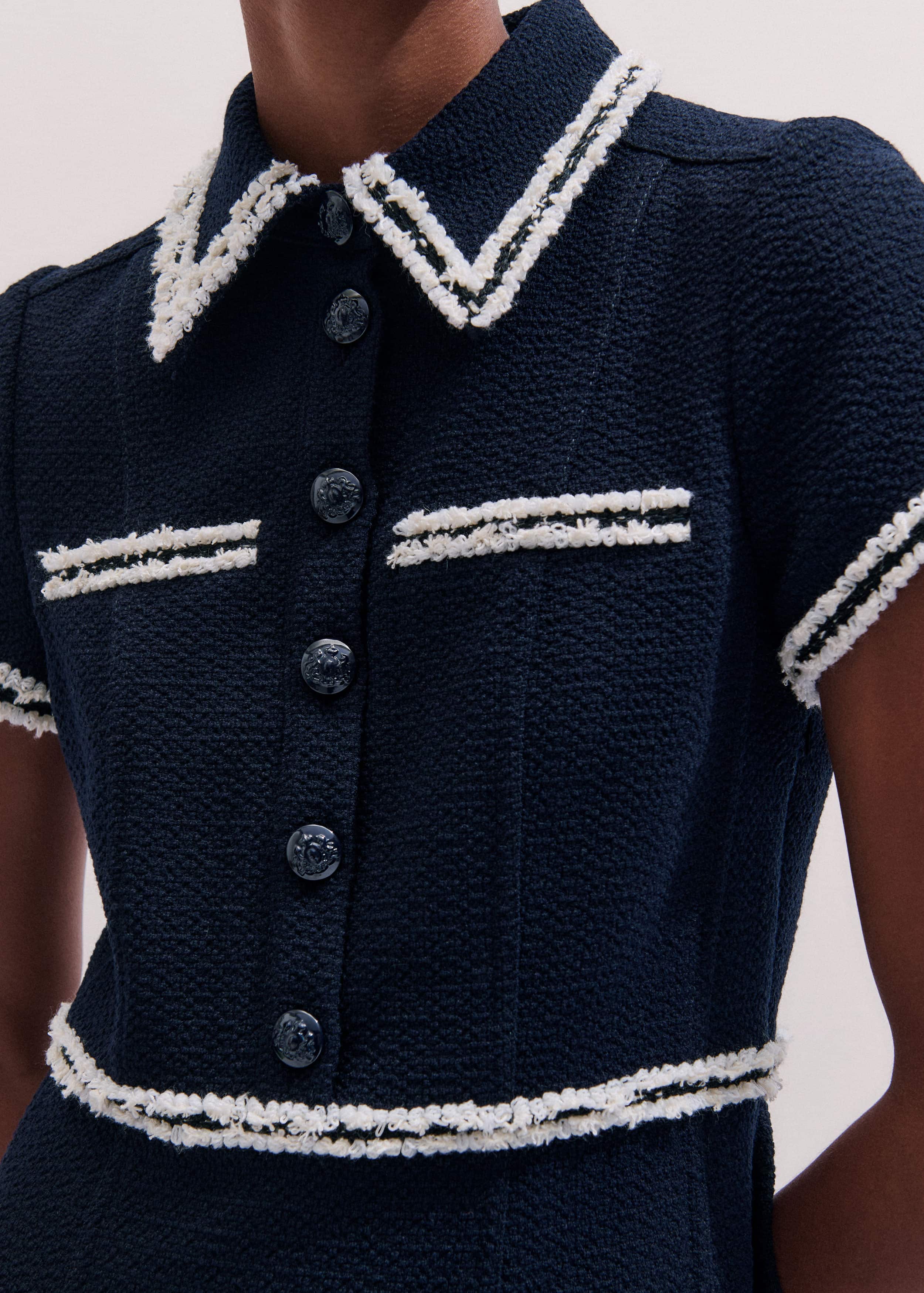 Navy Fit + Flare Fray Trim Midi Dress meandem