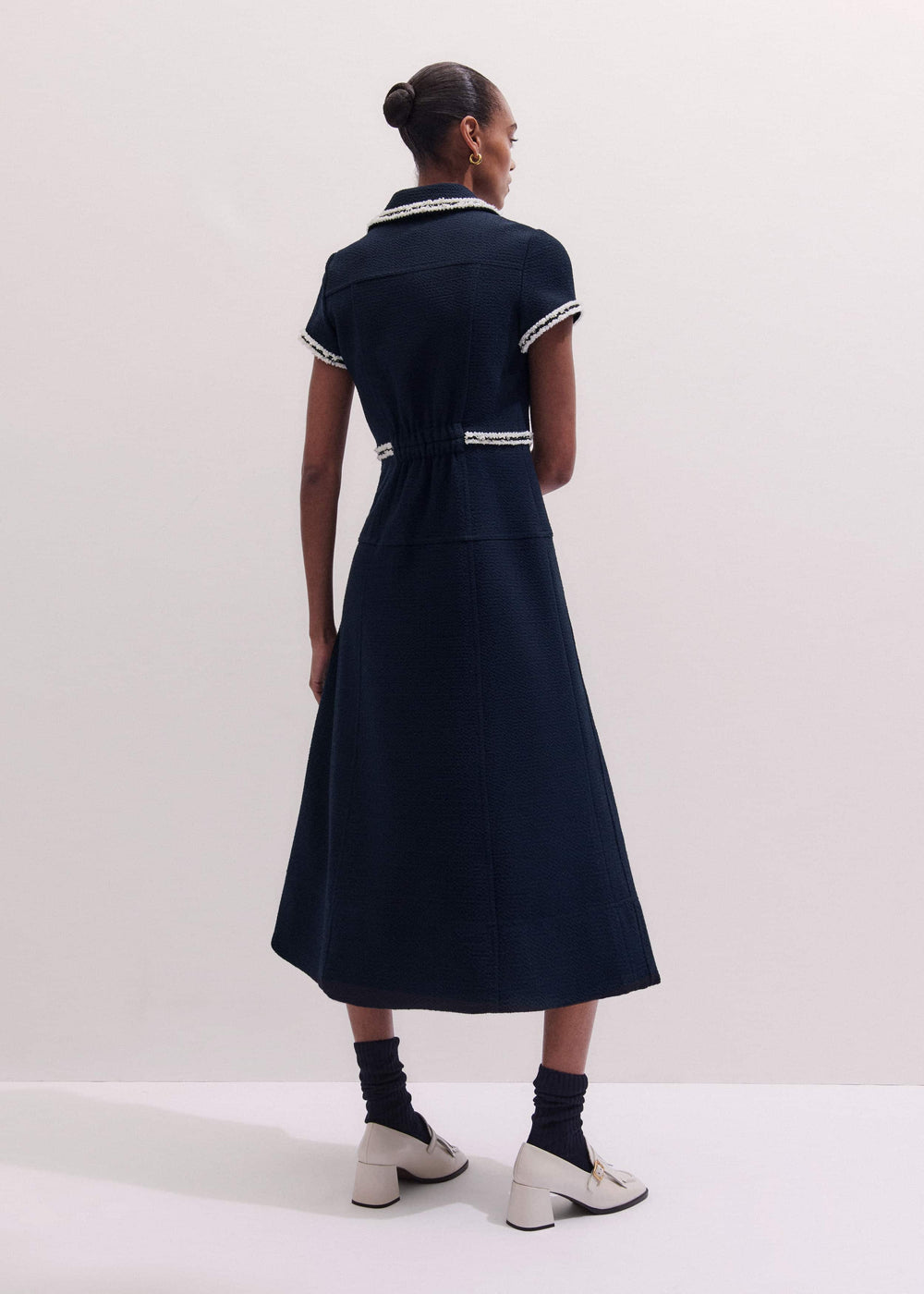 Navy Fit + Flare Fray Trim Midi Dress meandem
