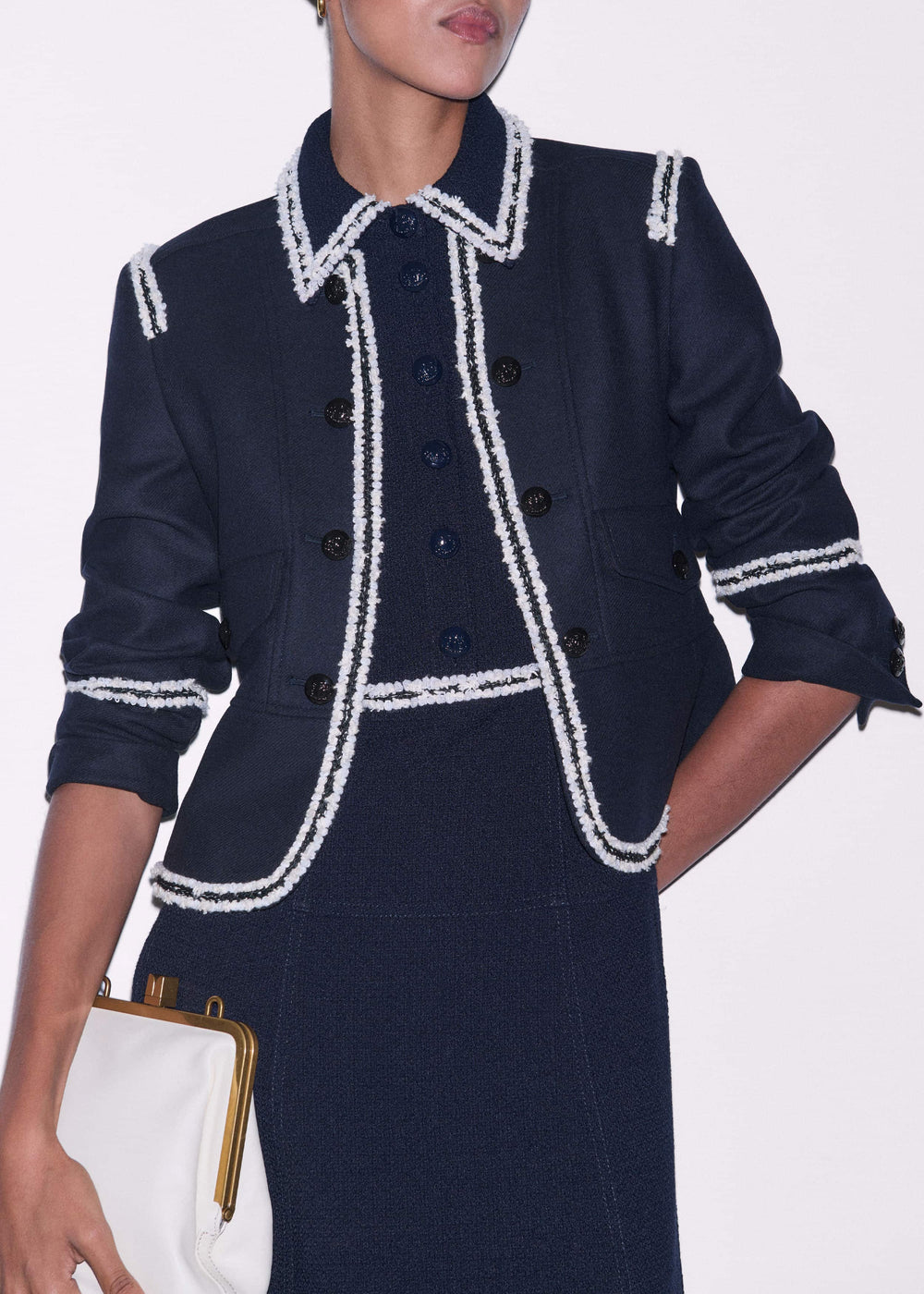 Navy Fit + Flare Fray Trim Midi Dress meandem