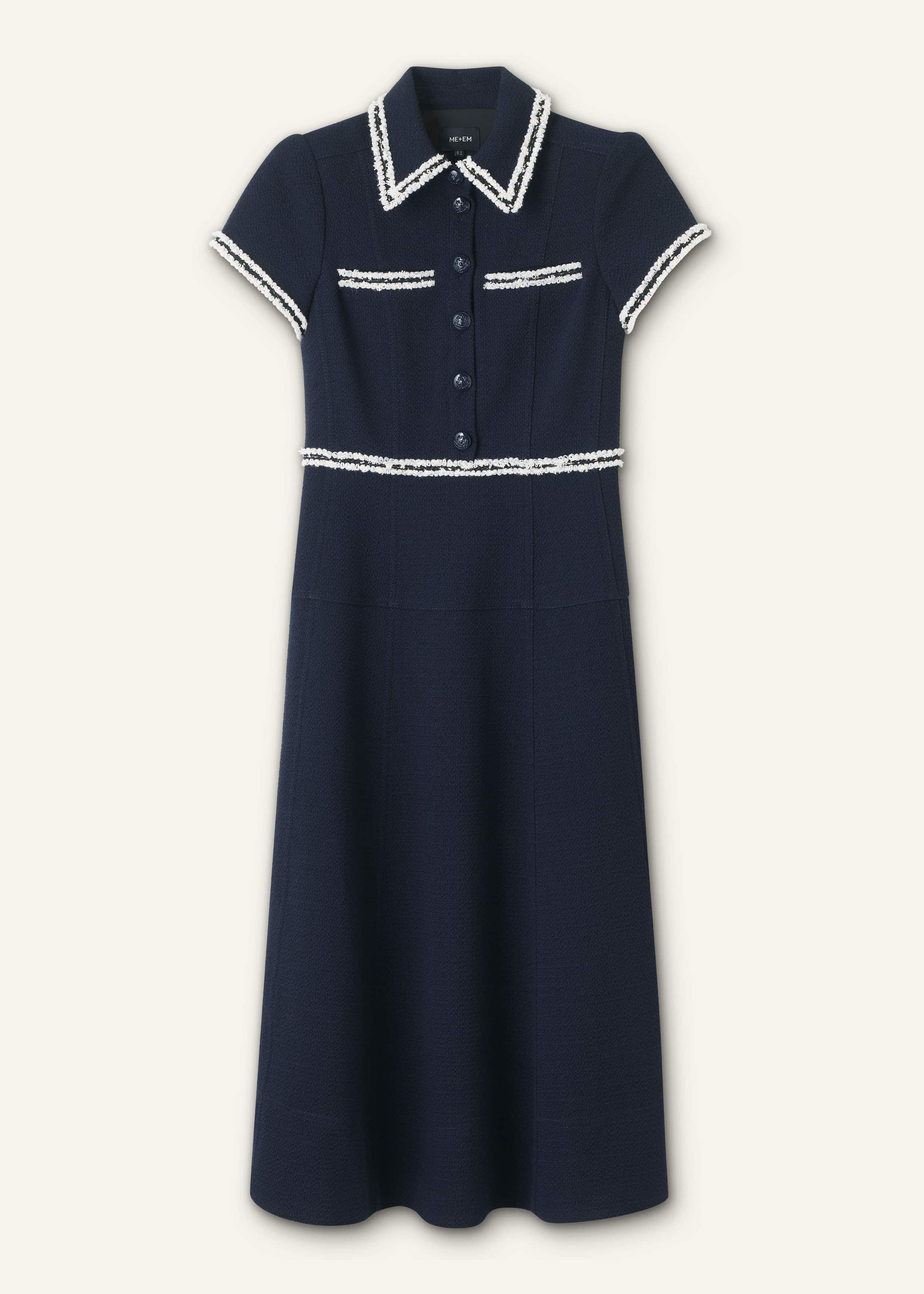Navy Fit + Flare Fray Trim Midi Dress meandem