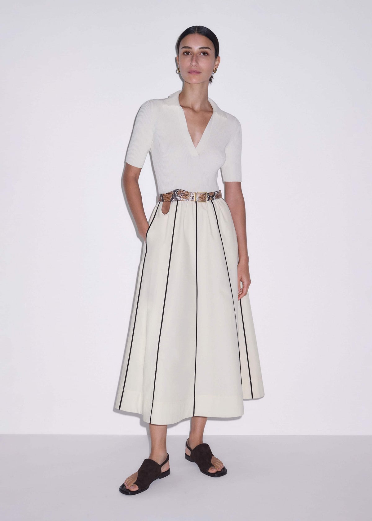 Cream Mixed Media Fit And Flare Midi Dress + Belt meandem