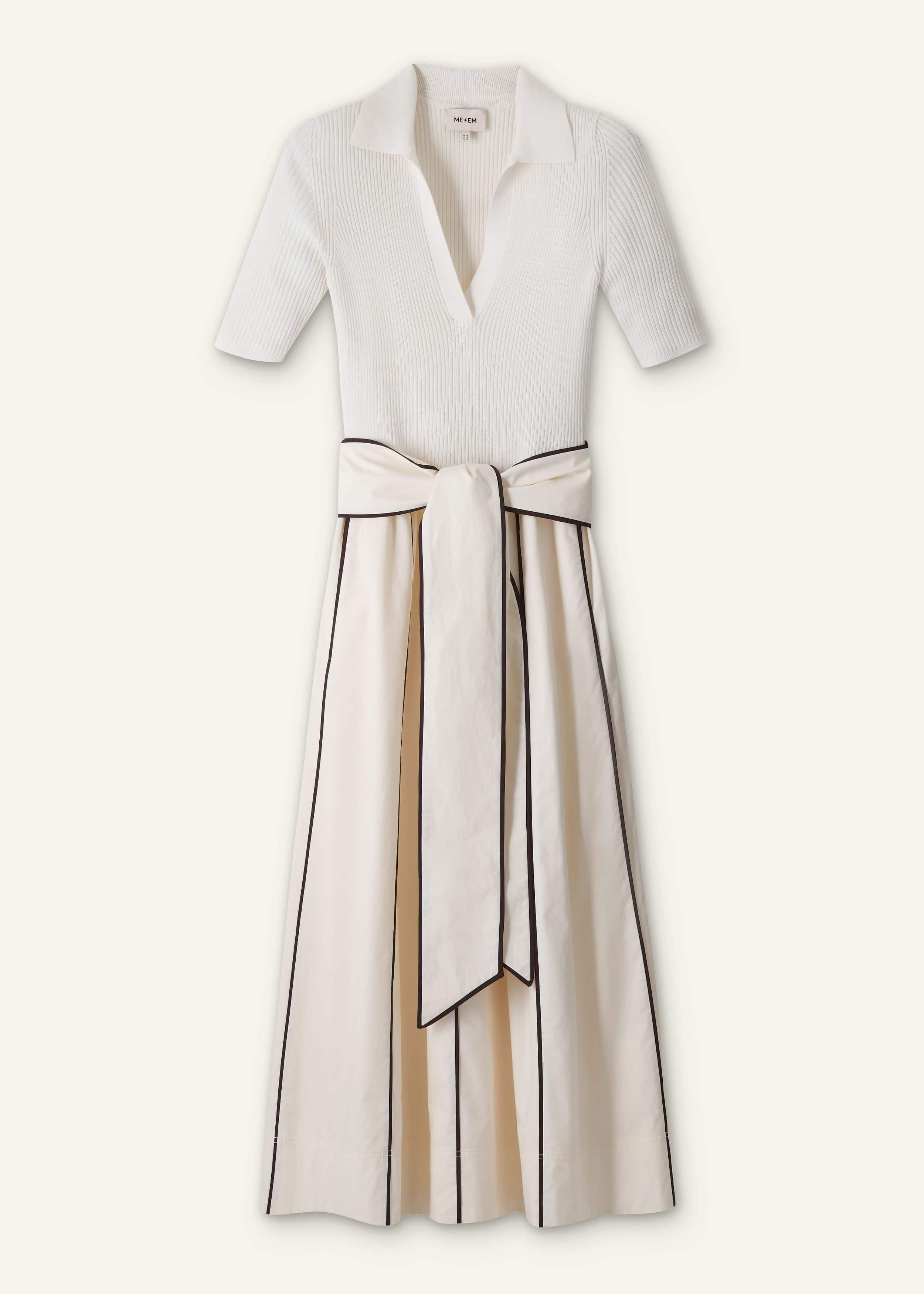 Cream Mixed Media Fit And Flare Midi Dress + Belt meandem