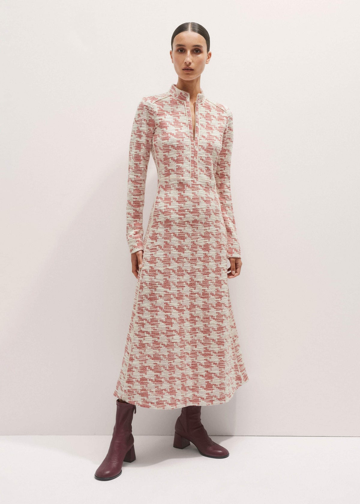 Red Exaggerated Houndstooth Midi Dress meandem