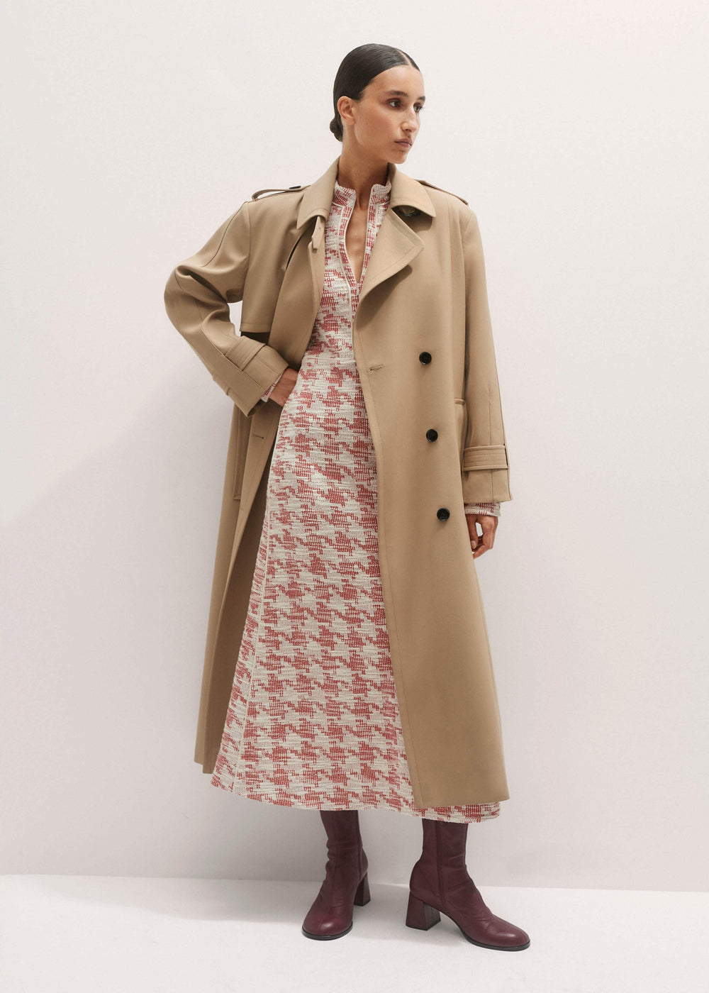 Red Exaggerated Houndstooth Midi Dress meandem