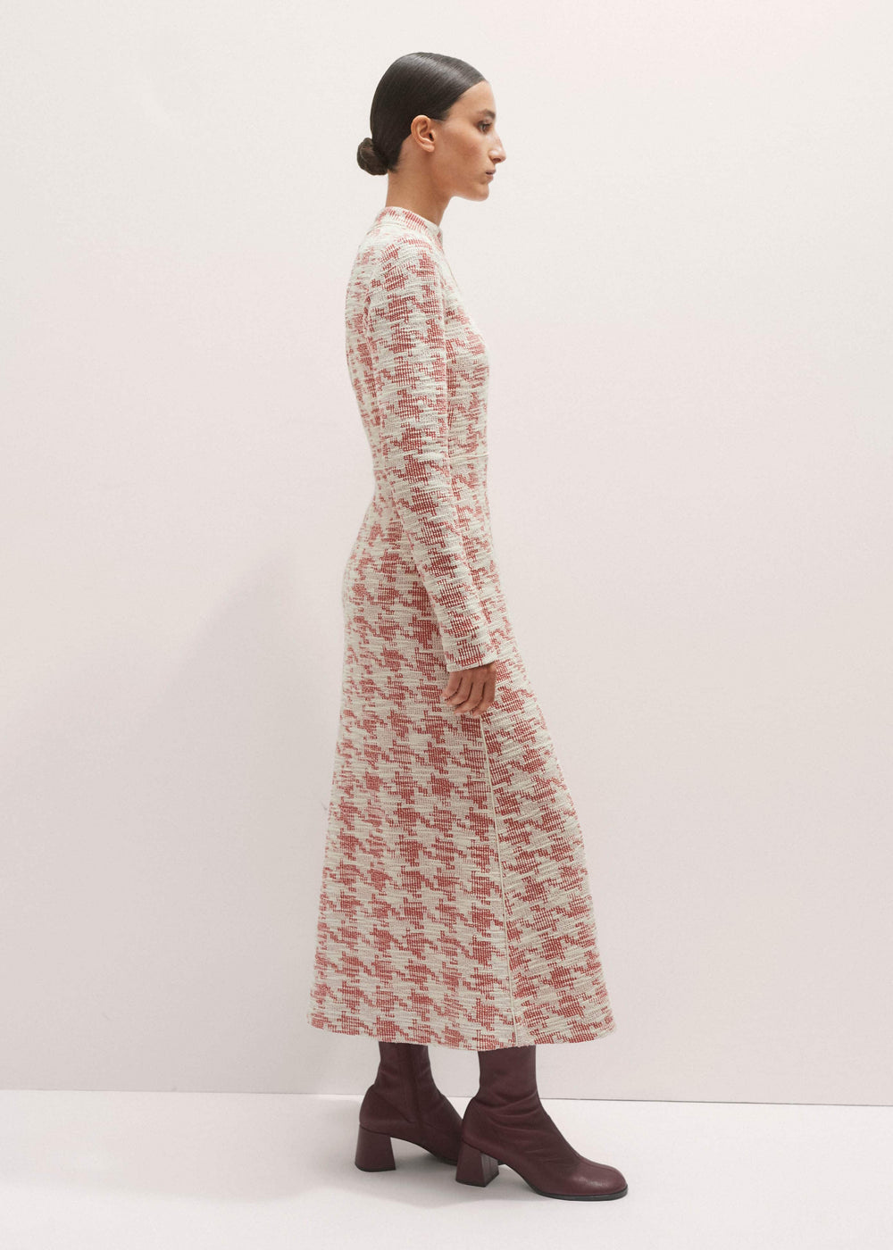 Red Exaggerated Houndstooth Midi Dress meandem