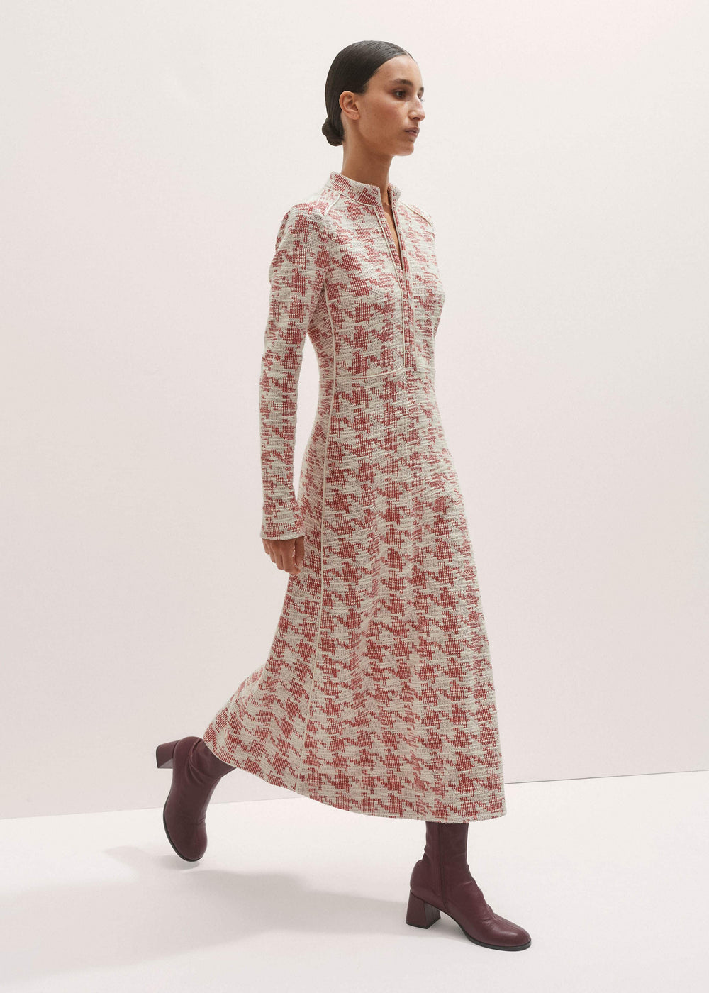 Red Exaggerated Houndstooth Midi Dress meandem