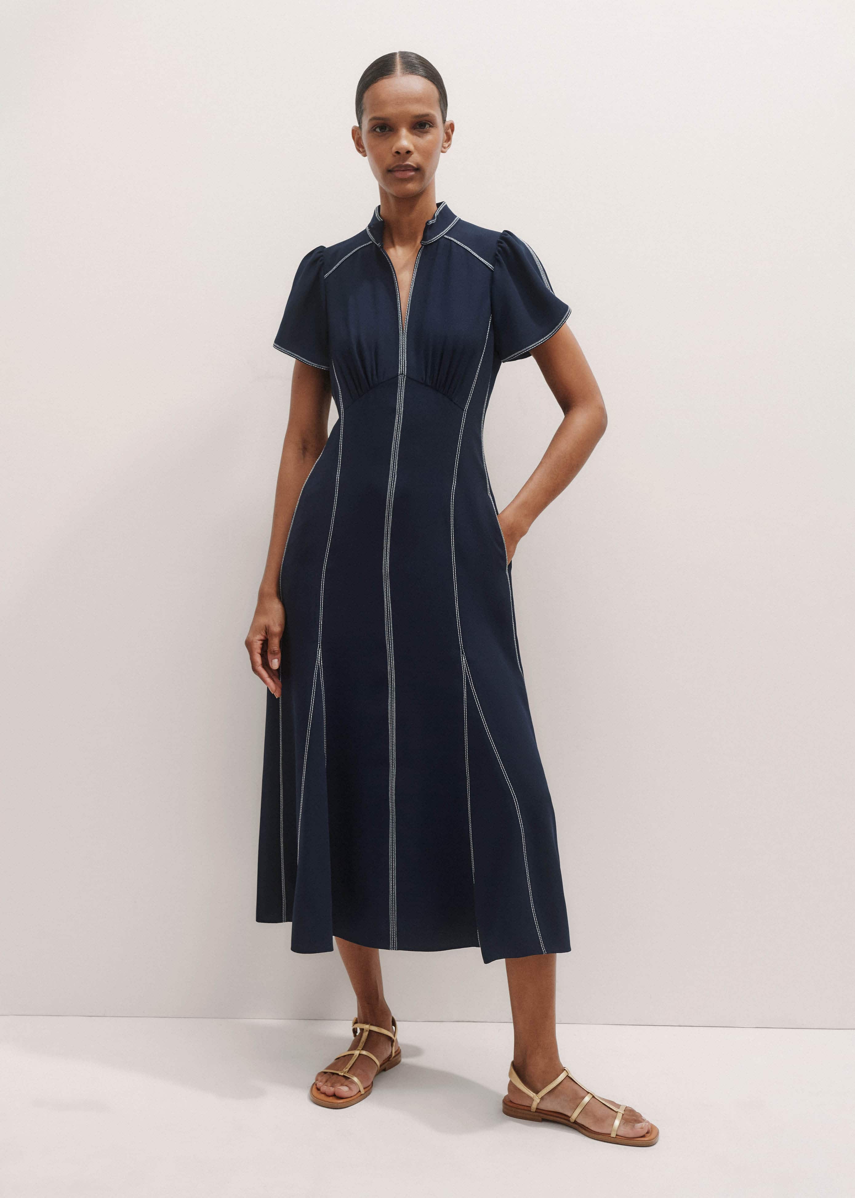 Navy Contrast Stitch Midi Dress meandem