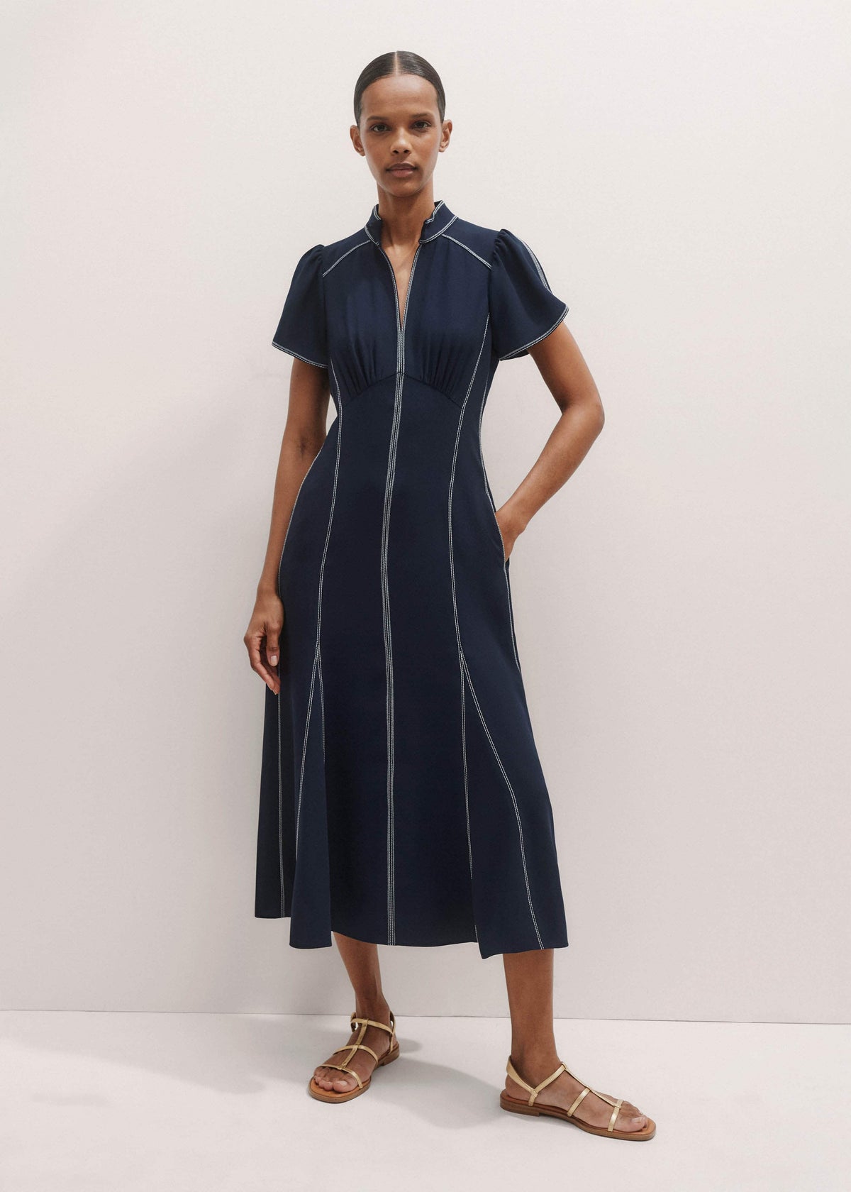 Navy Contrast Stitch Midi Dress meandem