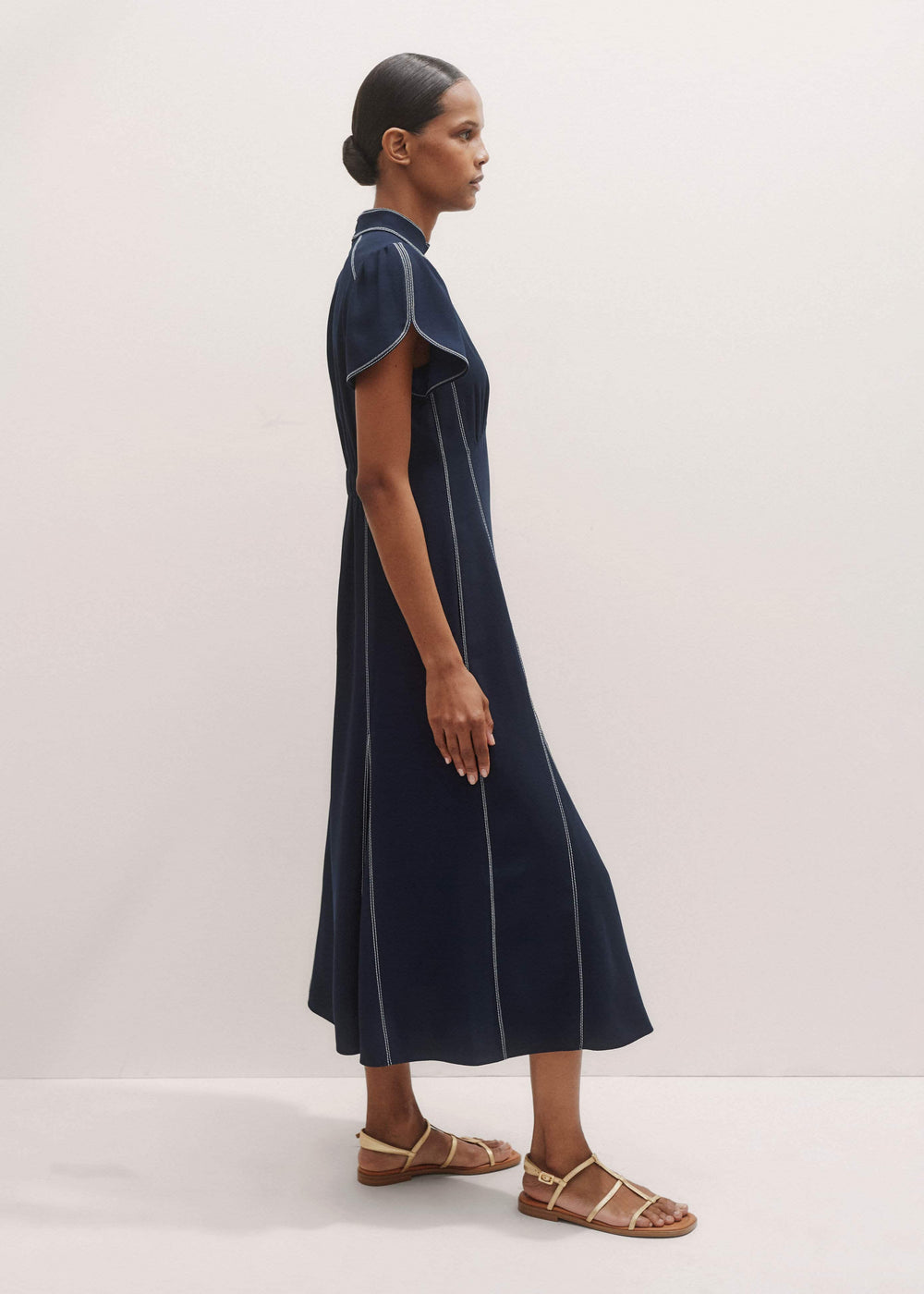 Navy Contrast Stitch Midi Dress meandem