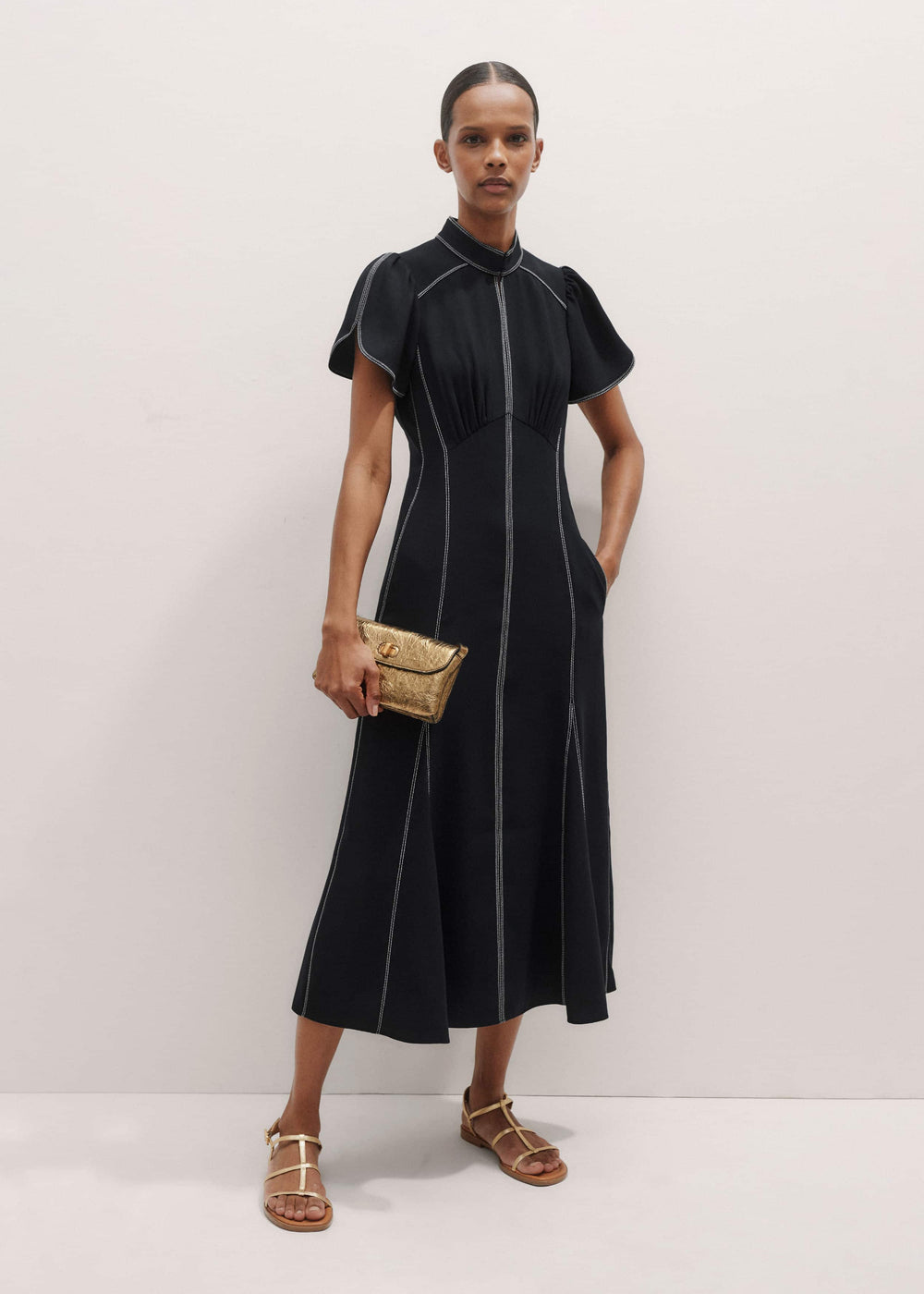 Navy Contrast Stitch Midi Dress meandem