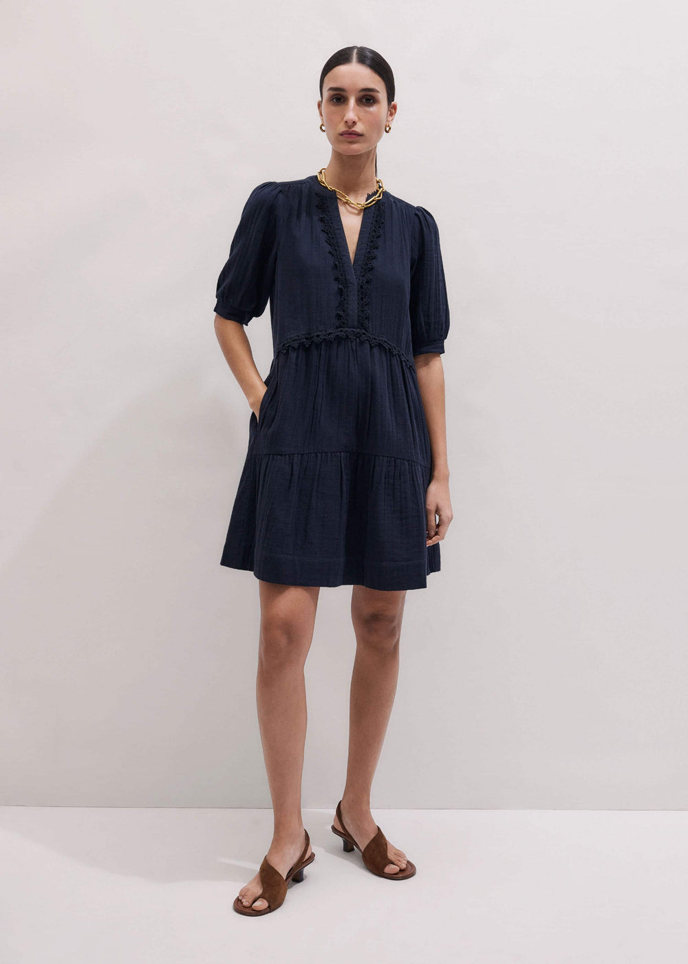 Navy Cheesecloth Short Swing Dress meandem