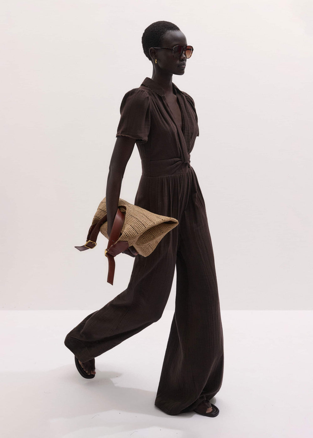 Brown Twisted Front Cheesecloth Jumpsuit meandem