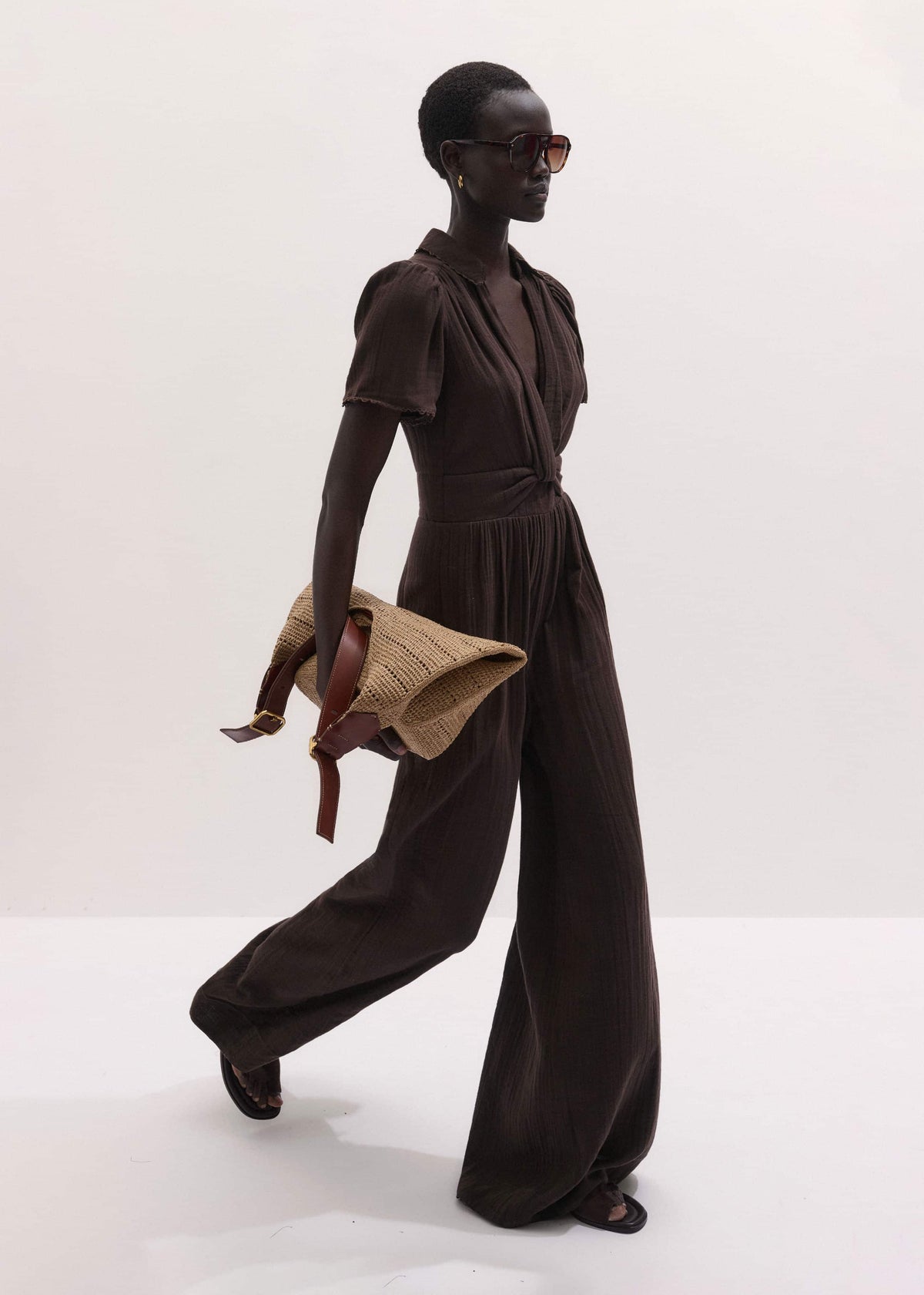 Brown Twisted Front Cheesecloth Jumpsuit meandem