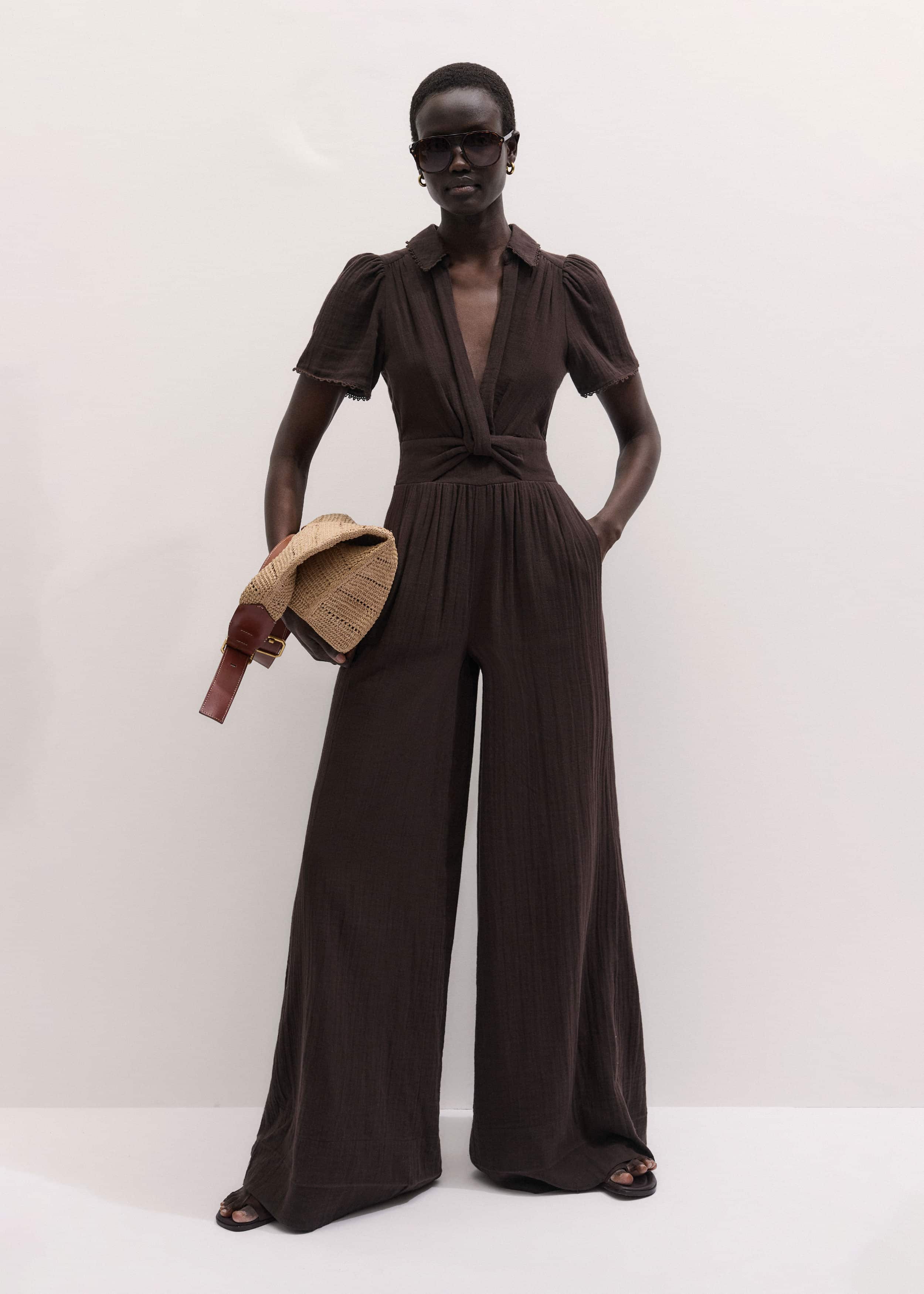 Brown Twisted Front Cheesecloth Jumpsuit meandem