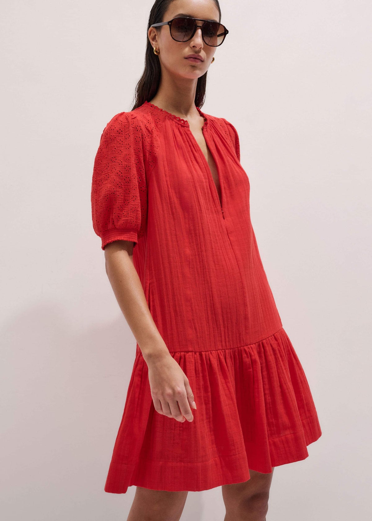 Red Embroidered Cheesecloth Short Dress meandem