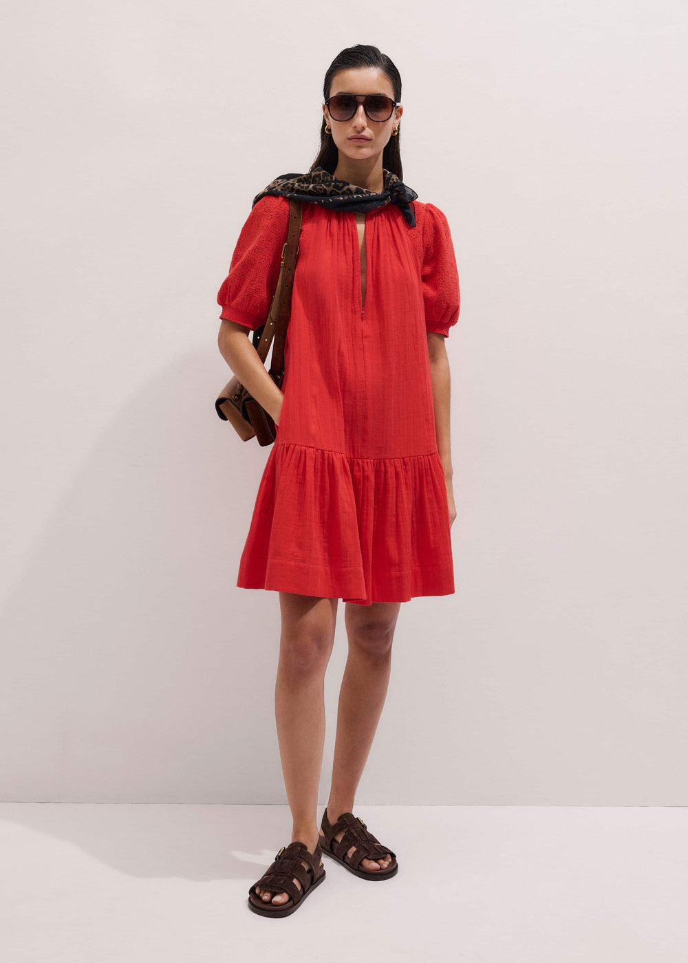 Red Embroidered Cheesecloth Short Dress meandem