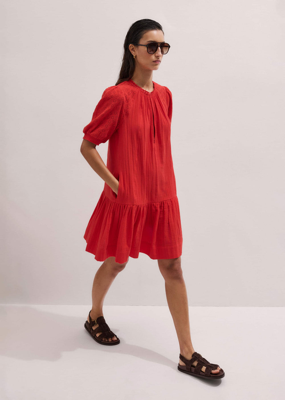 Red Embroidered Cheesecloth Short Dress meandem