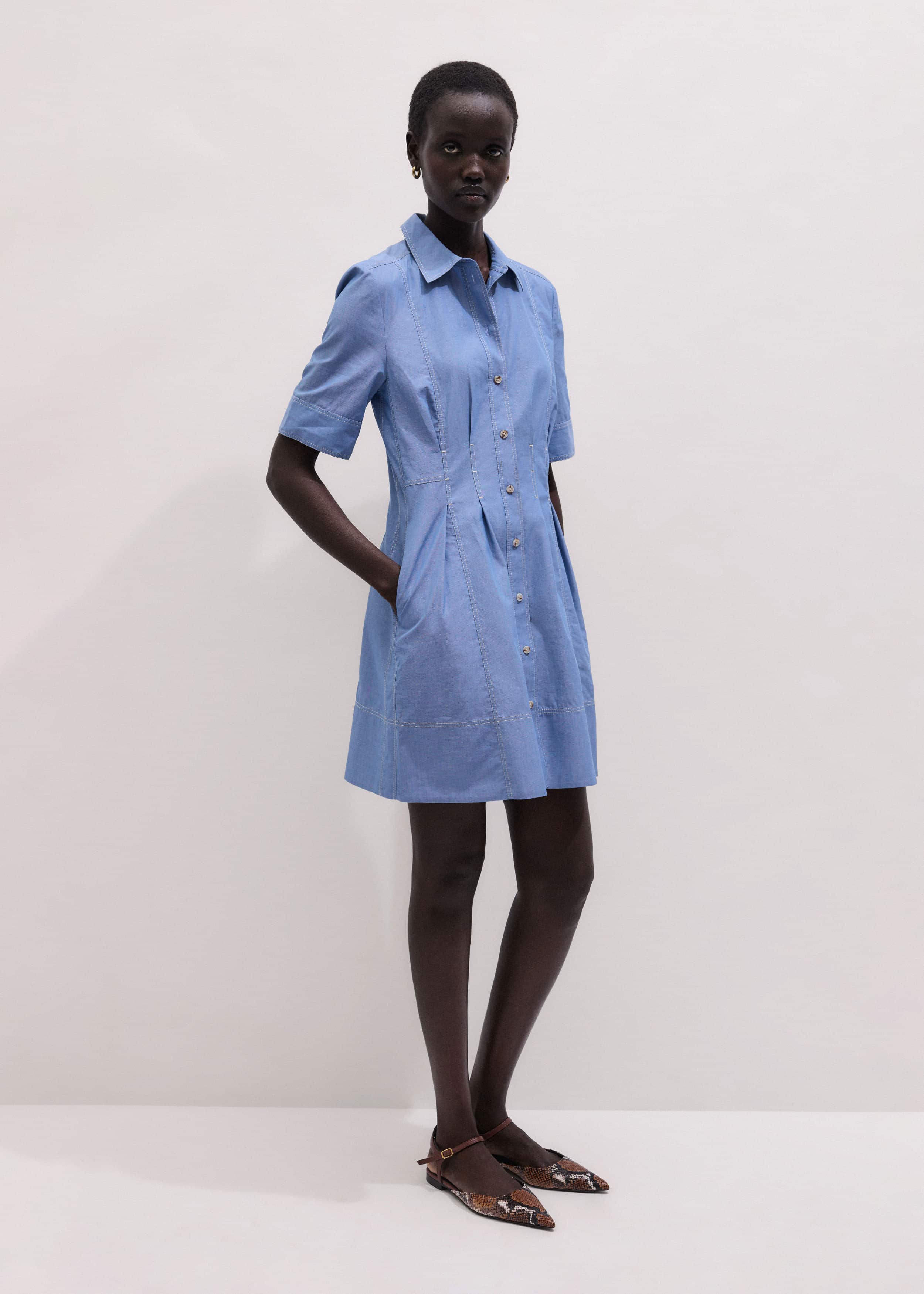 Blue Cotton Chambray Mini Shirt Dress meandem
