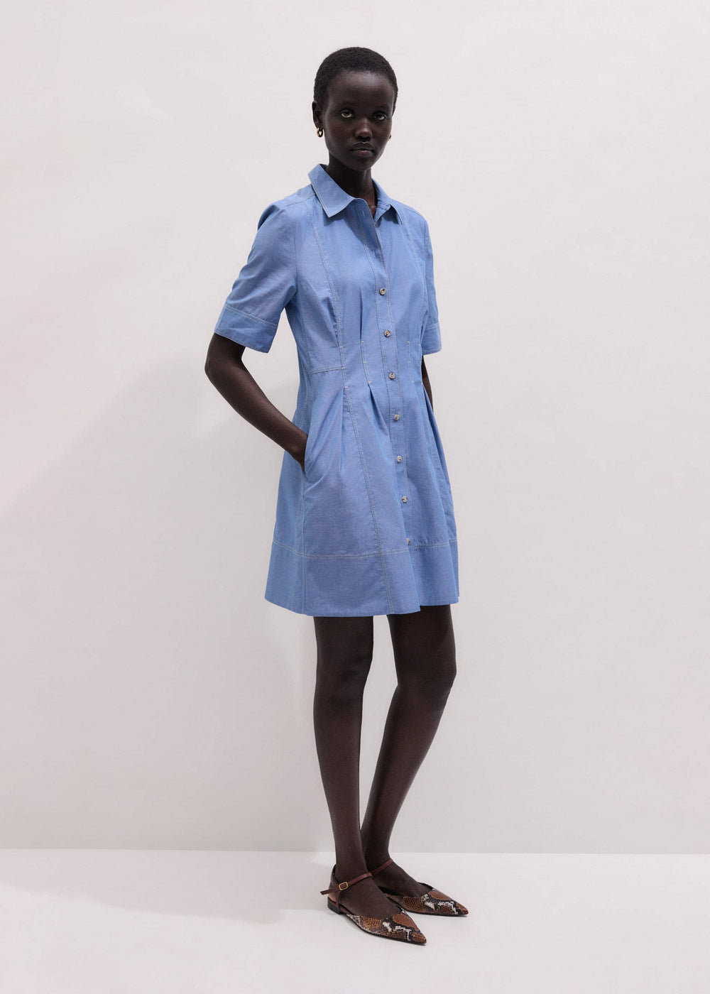 Blue Cotton Chambray Mini Shirt Dress meandem