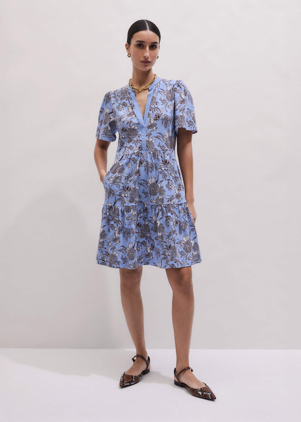 Blue Printed Tiered Short Dress meandem