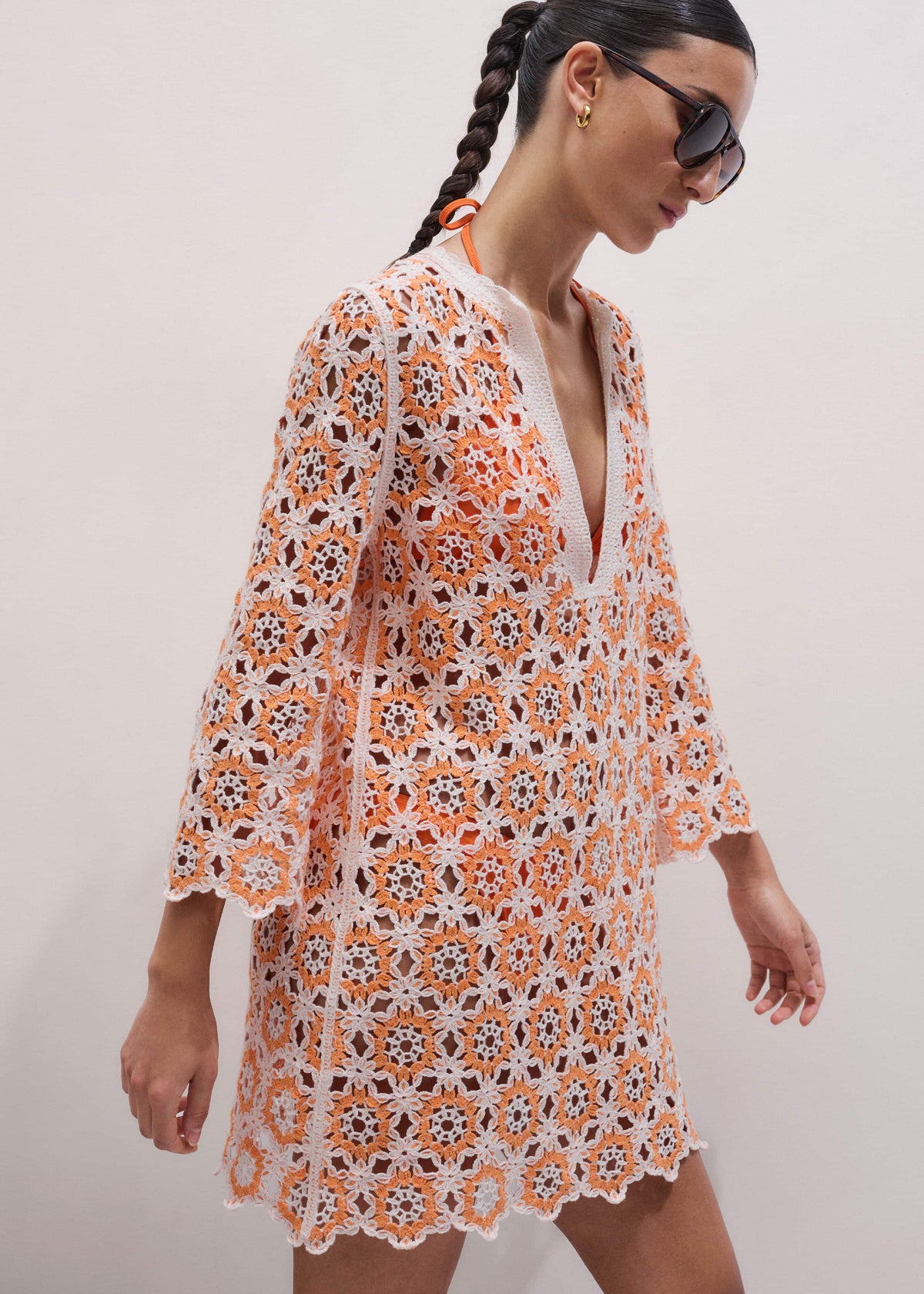 Orange Floral Crochet Mini Beach Dress meandem