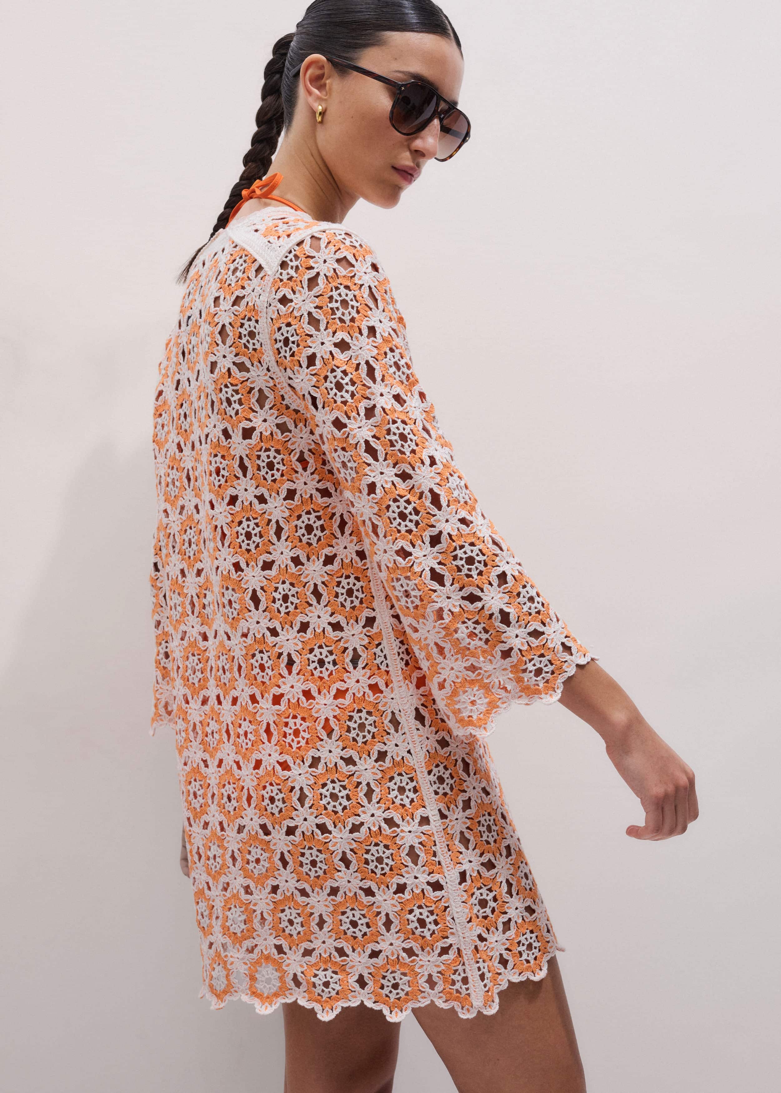 Orange Floral Crochet Mini Beach Dress meandem