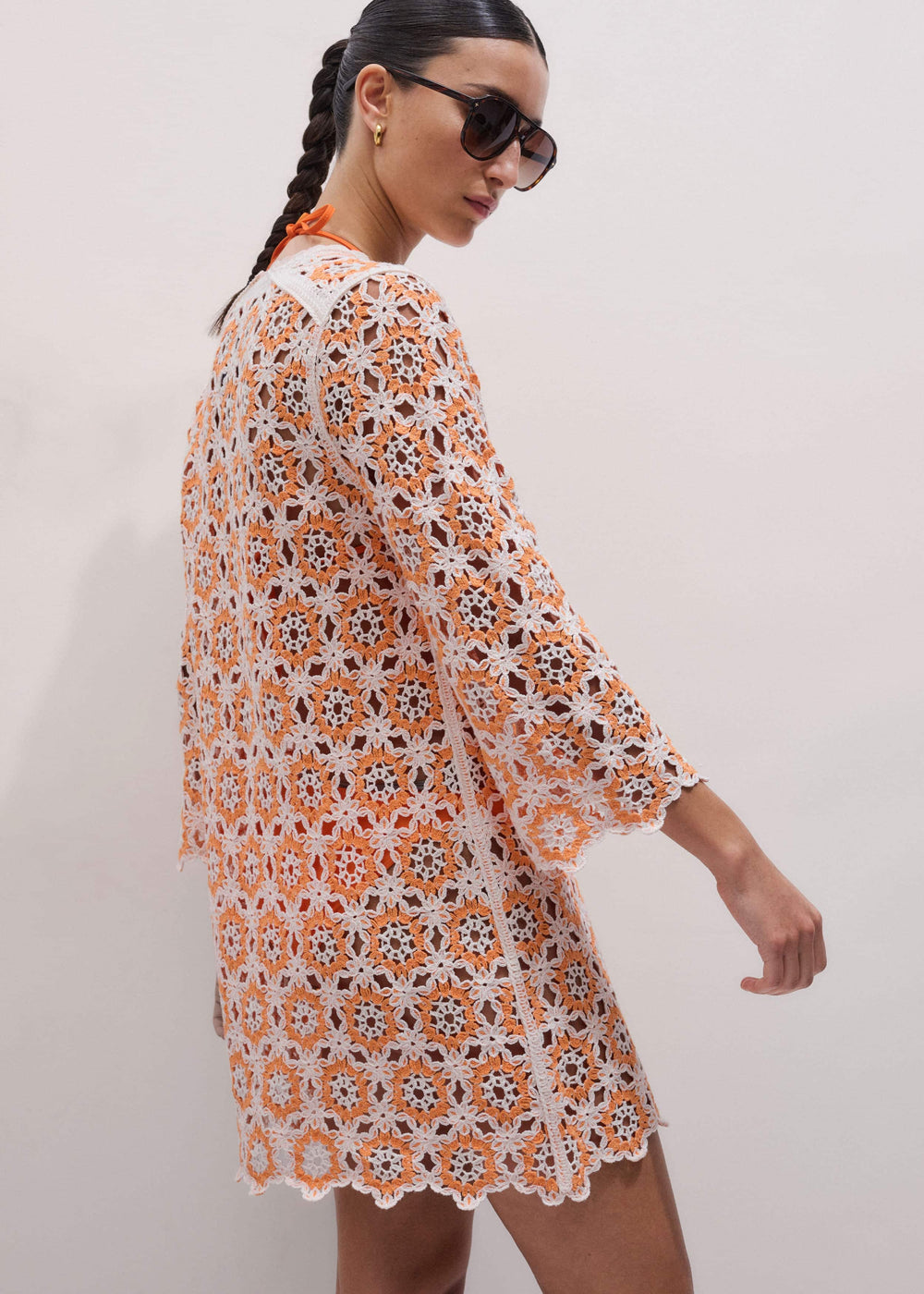 Orange Floral Crochet Mini Beach Dress meandem