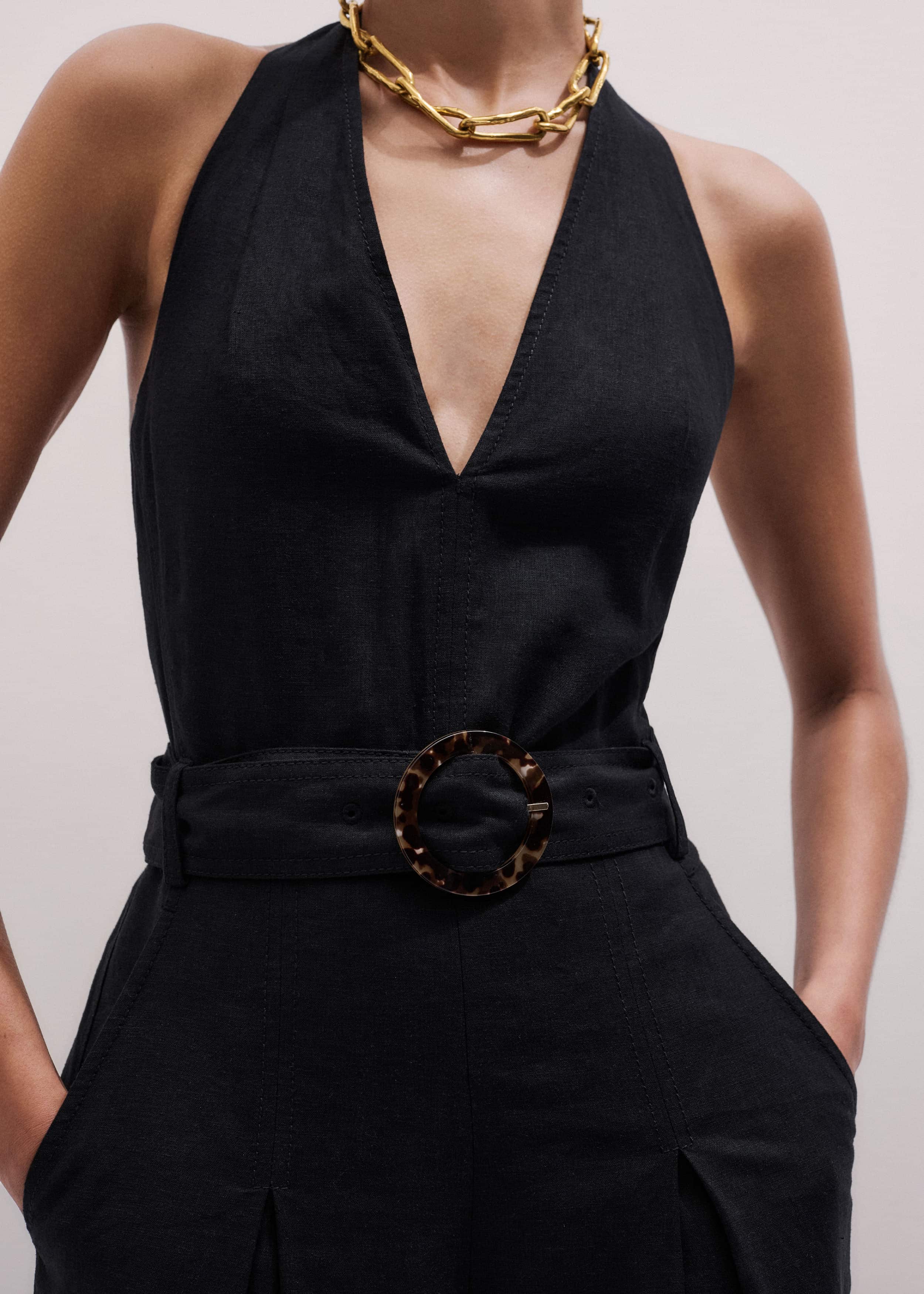 Black Crease-Less Linen Halterneck Wide Jumpsuit meandem