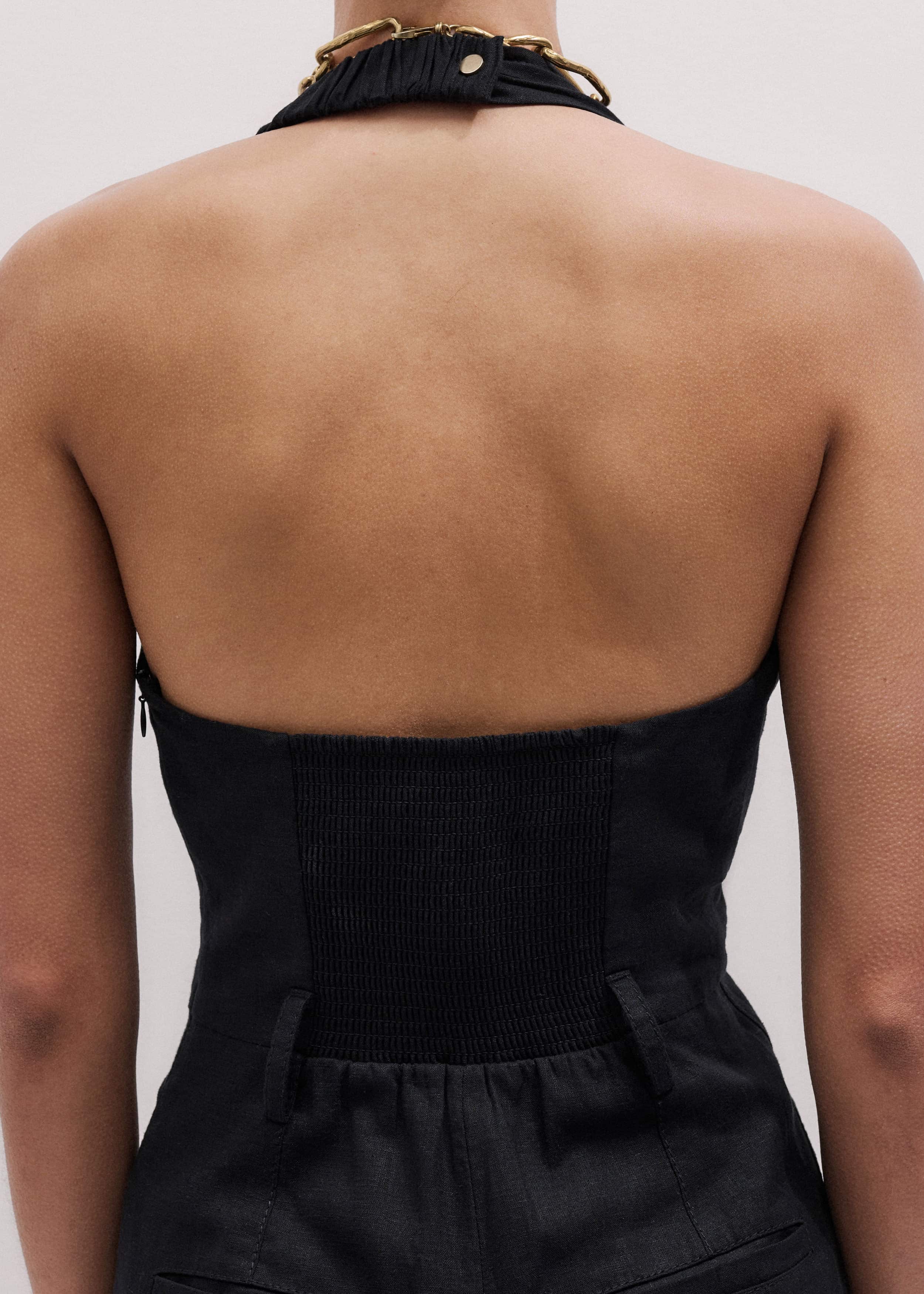 Black Crease-Less Linen Halterneck Wide Jumpsuit meandem