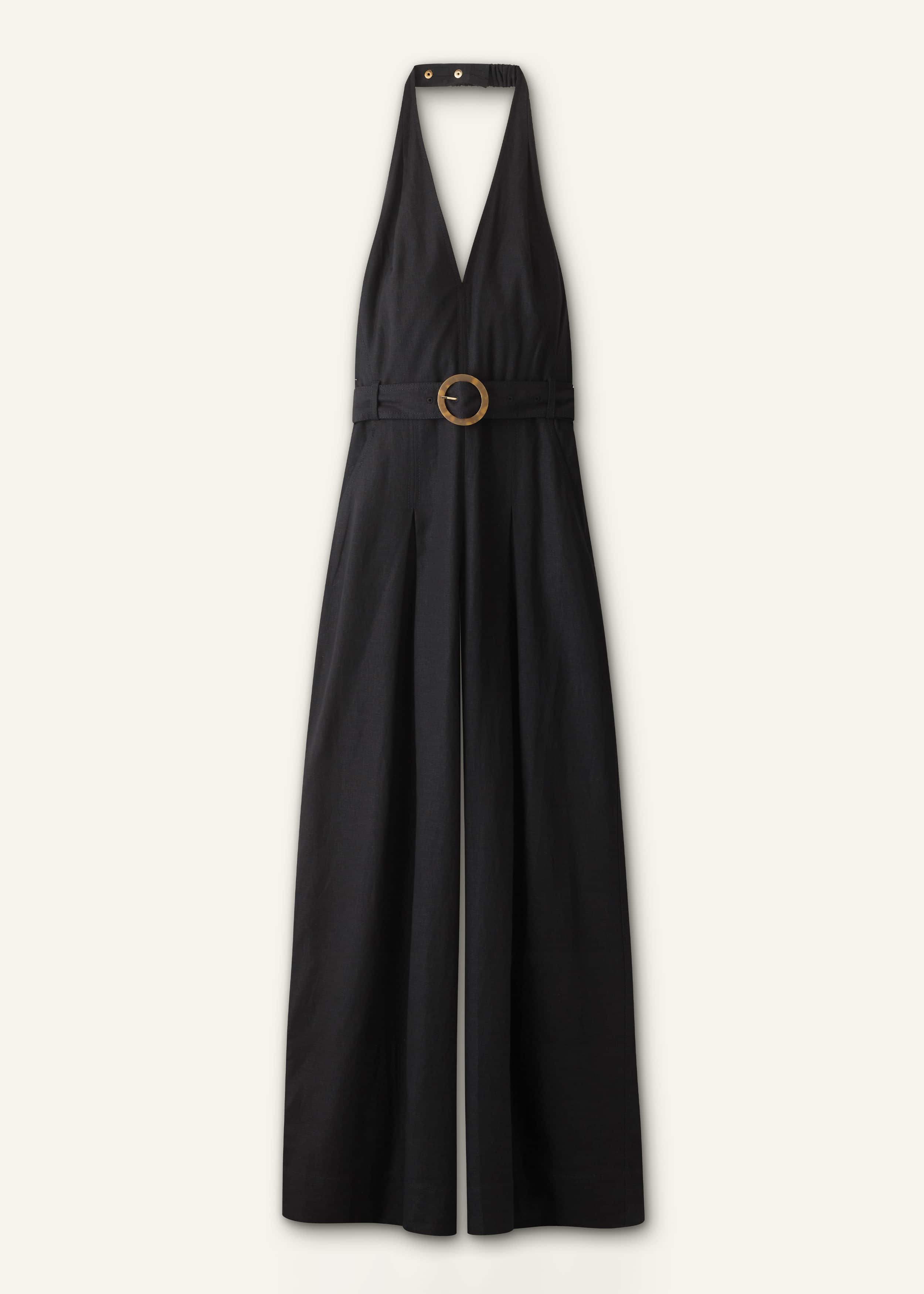 Black Crease-Less Linen Halterneck Wide Jumpsuit meandem