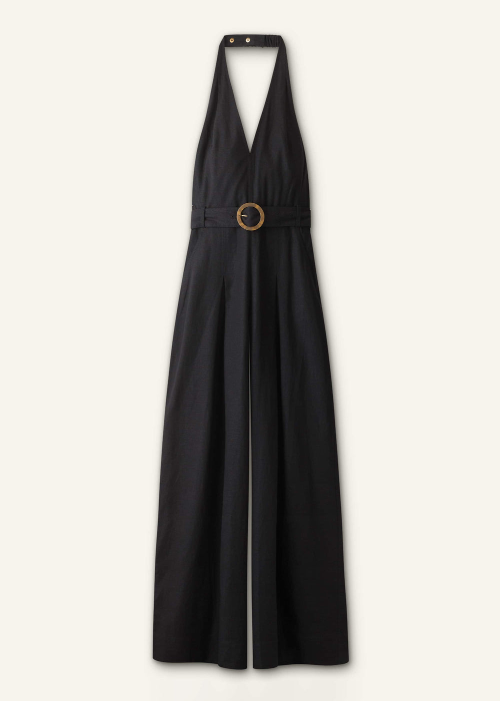 Black Crease-Less Linen Halterneck Wide Jumpsuit meandem